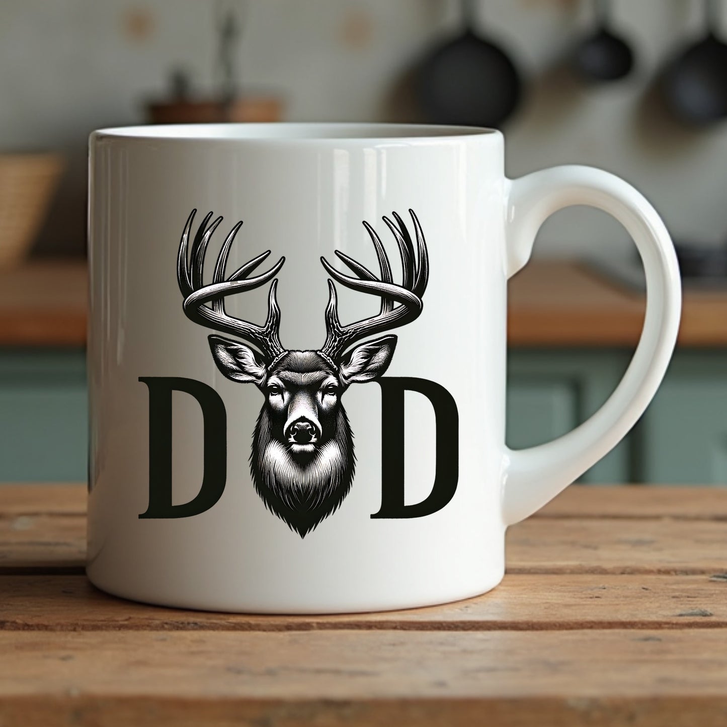 White mug with a deer head design and 'DAD' text on a wooden surface.