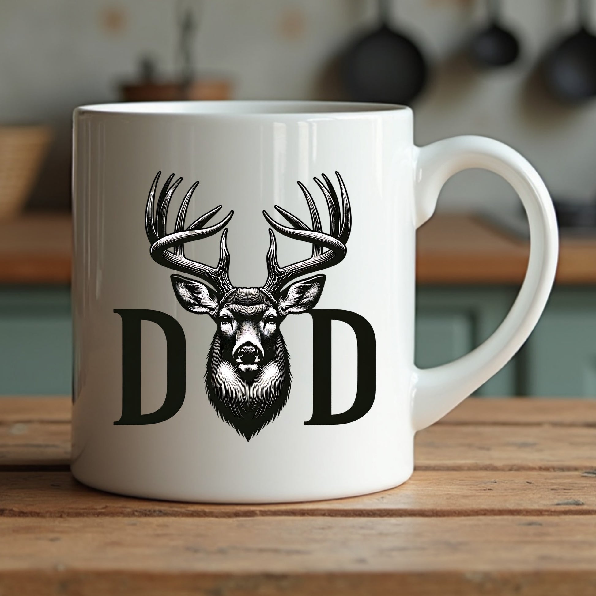 White mug with a deer head design and 'DAD' text on a wooden surface.
