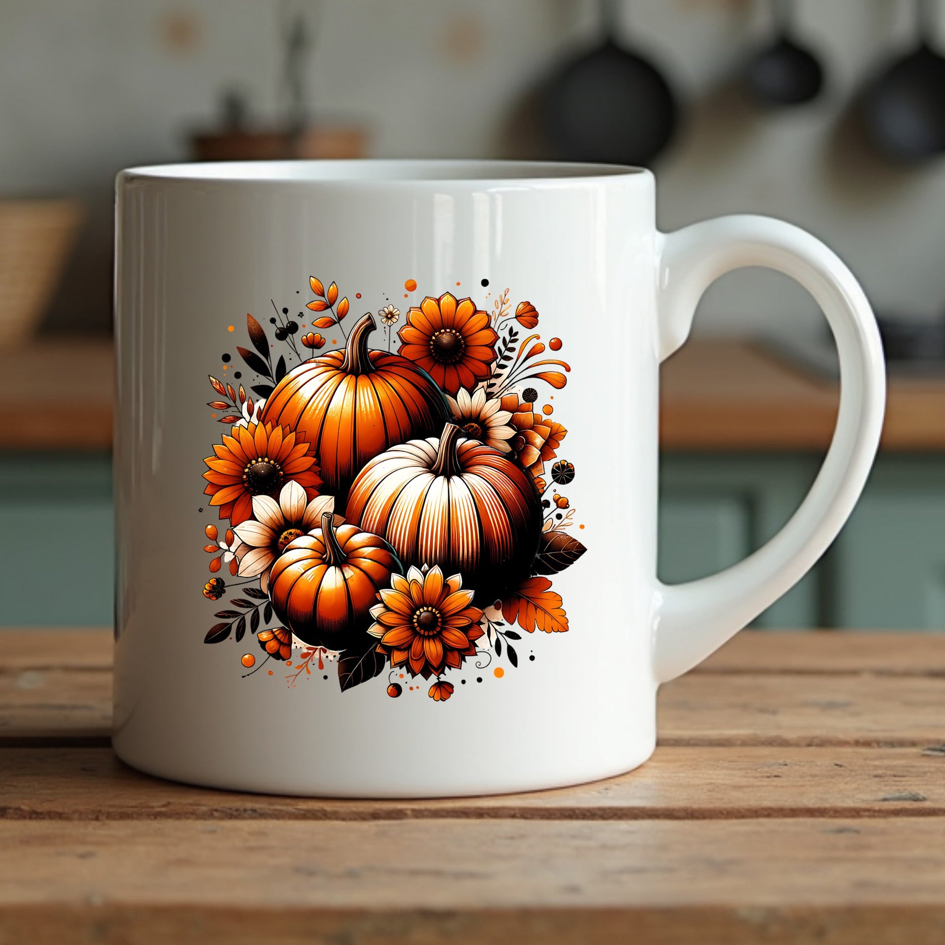 White mug with autumn-themed design featuring pumpkins and leaves on a wooden surface.