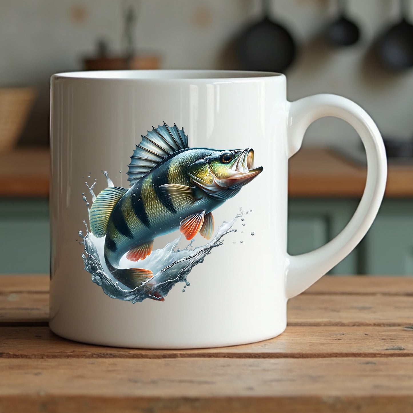 White mug with a perch fish design on a wooden surface