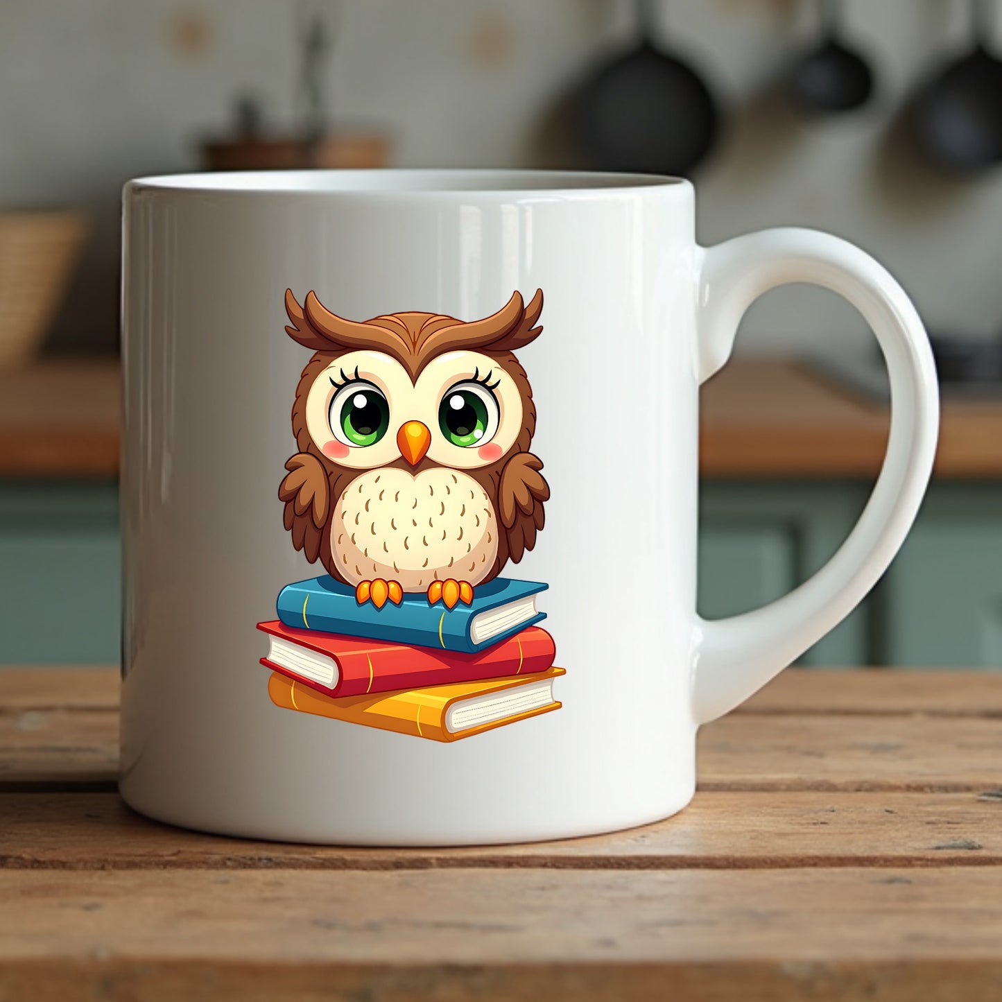 White mug with an owl design on a wooden surface