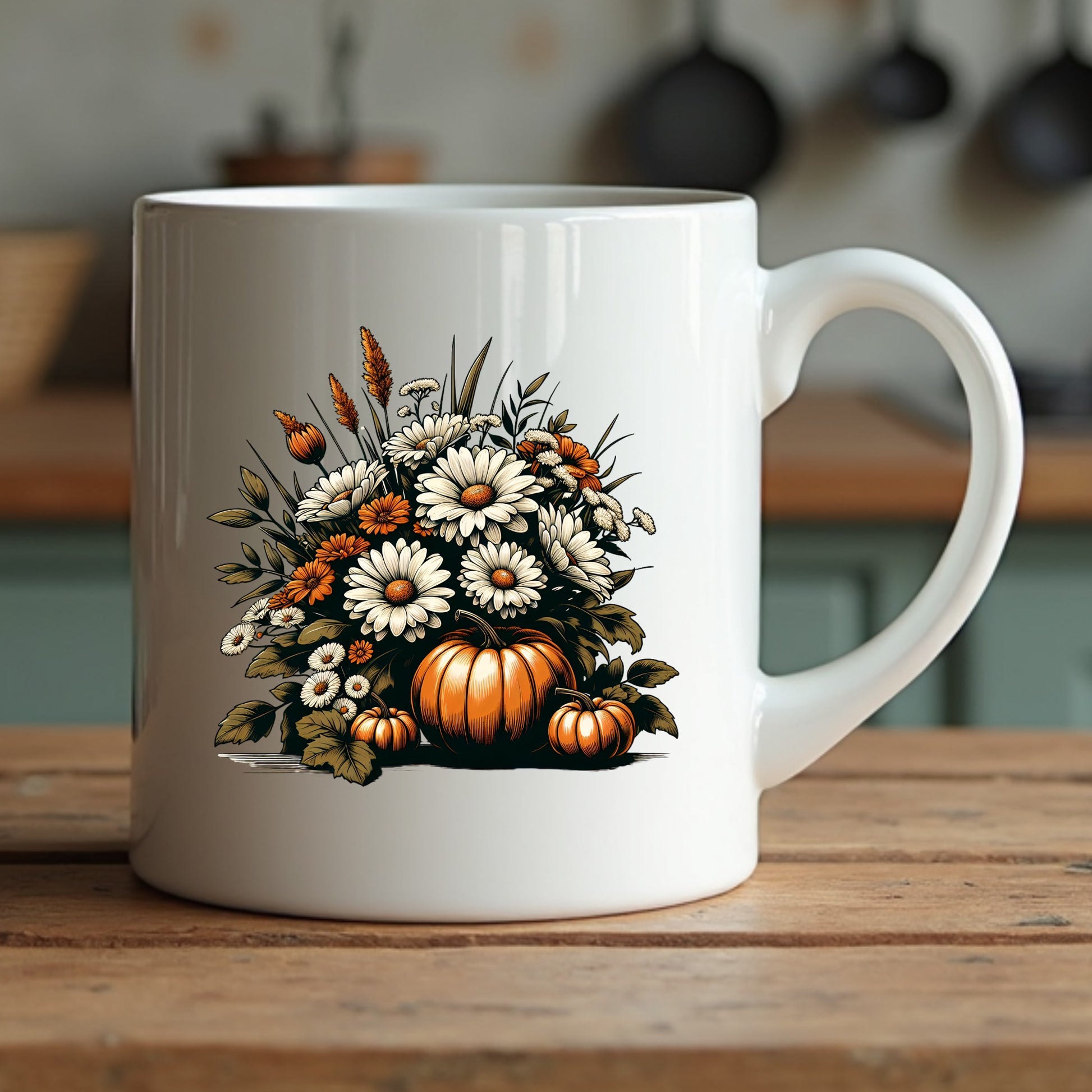 White mug with a floral and pumpkin design on a wooden surface