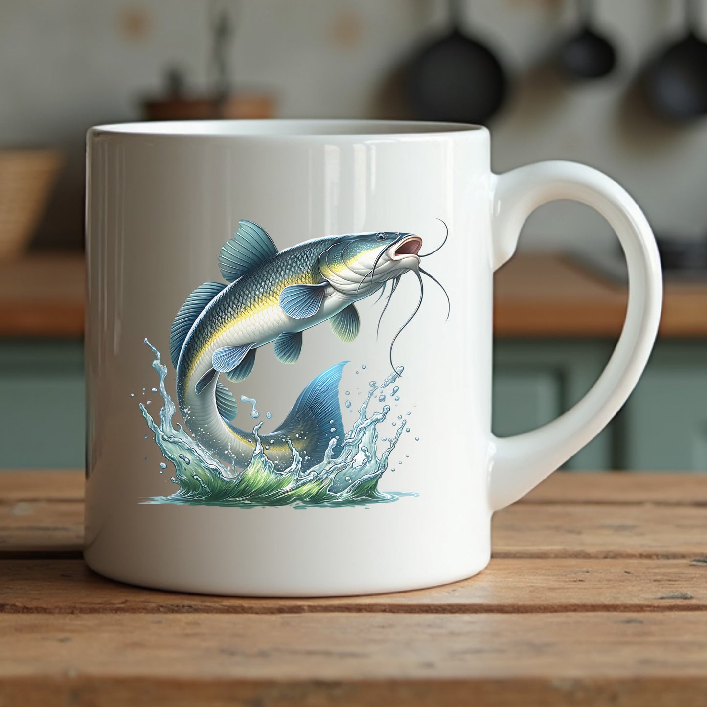 White mug with a catfish design on a wooden surface