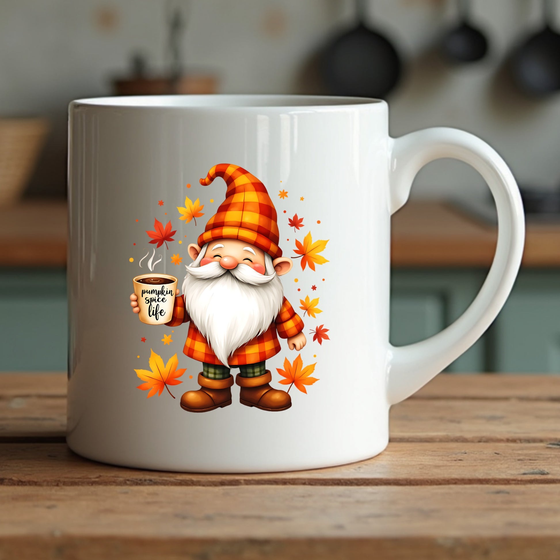 White mug with a cartoon gnome holding a pumpkin spice latte cup sitting on a wooden surface.