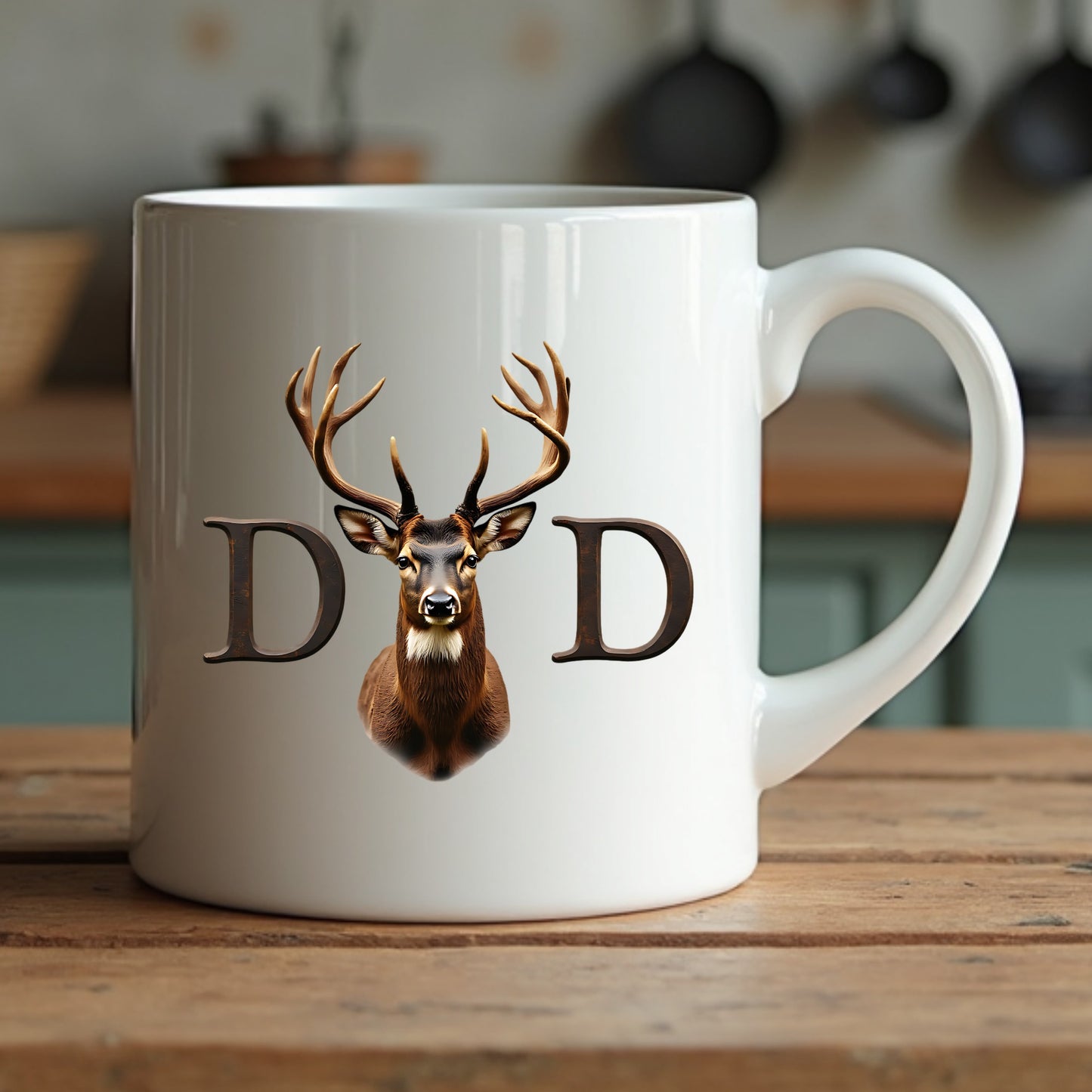 White mug with a deer design and 'Dad' text on a wooden surface.