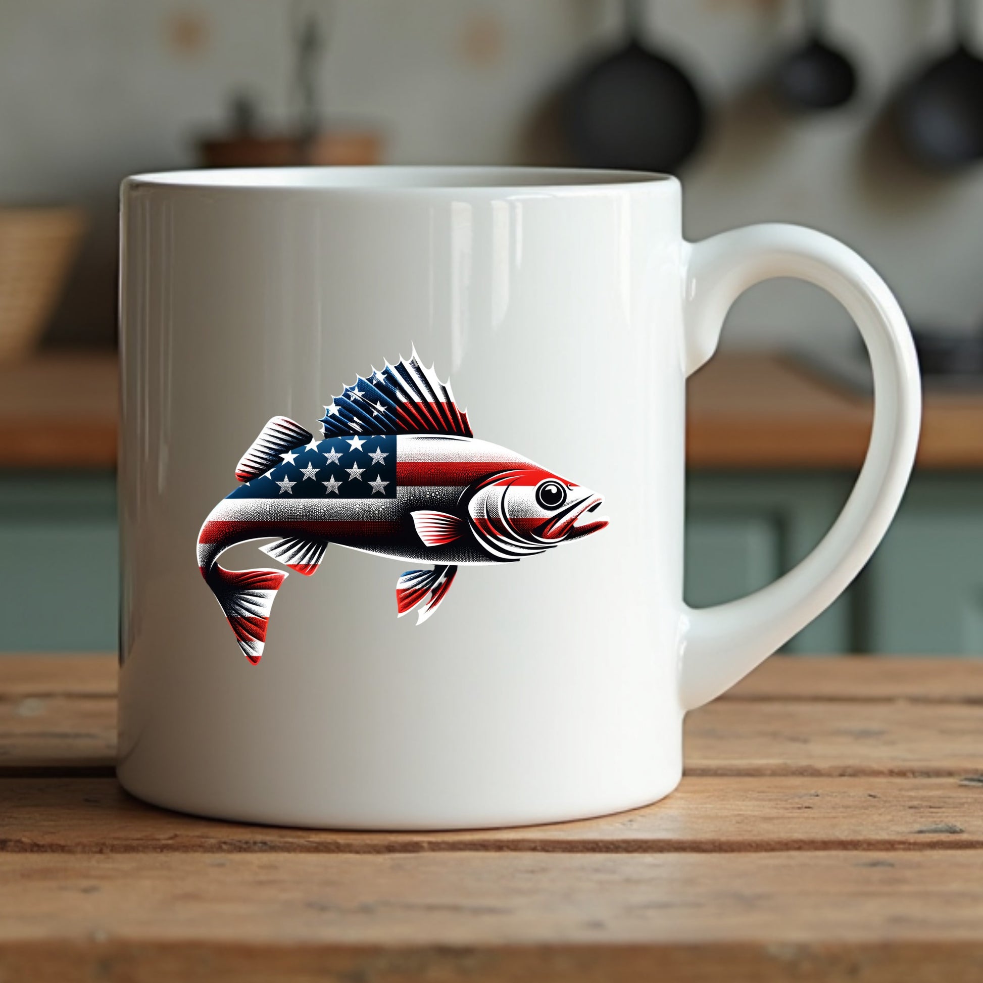 White mug with a fish design featuring the American flag on a wooden surface.