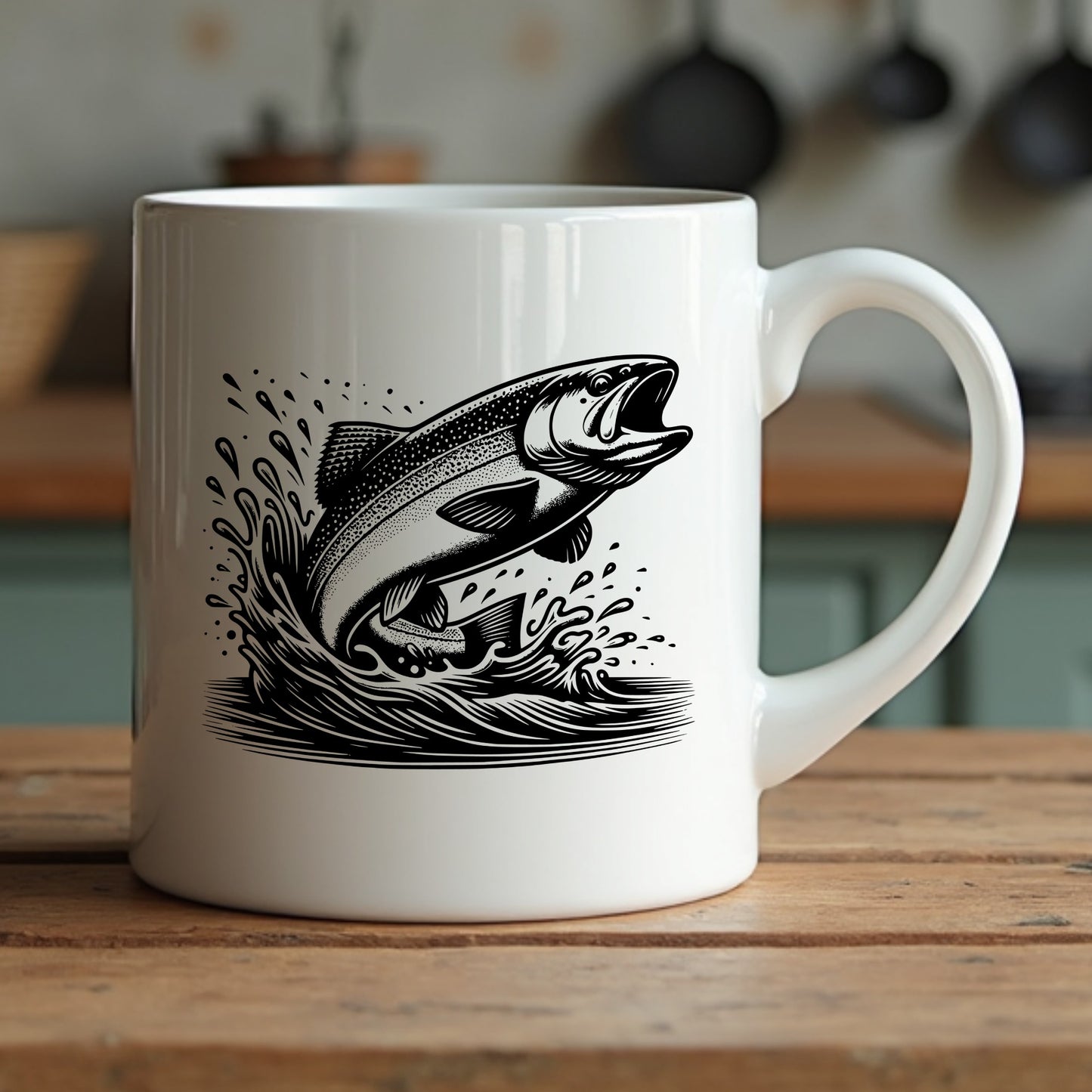 White mug with trout fish silhouette design on a wooden surface