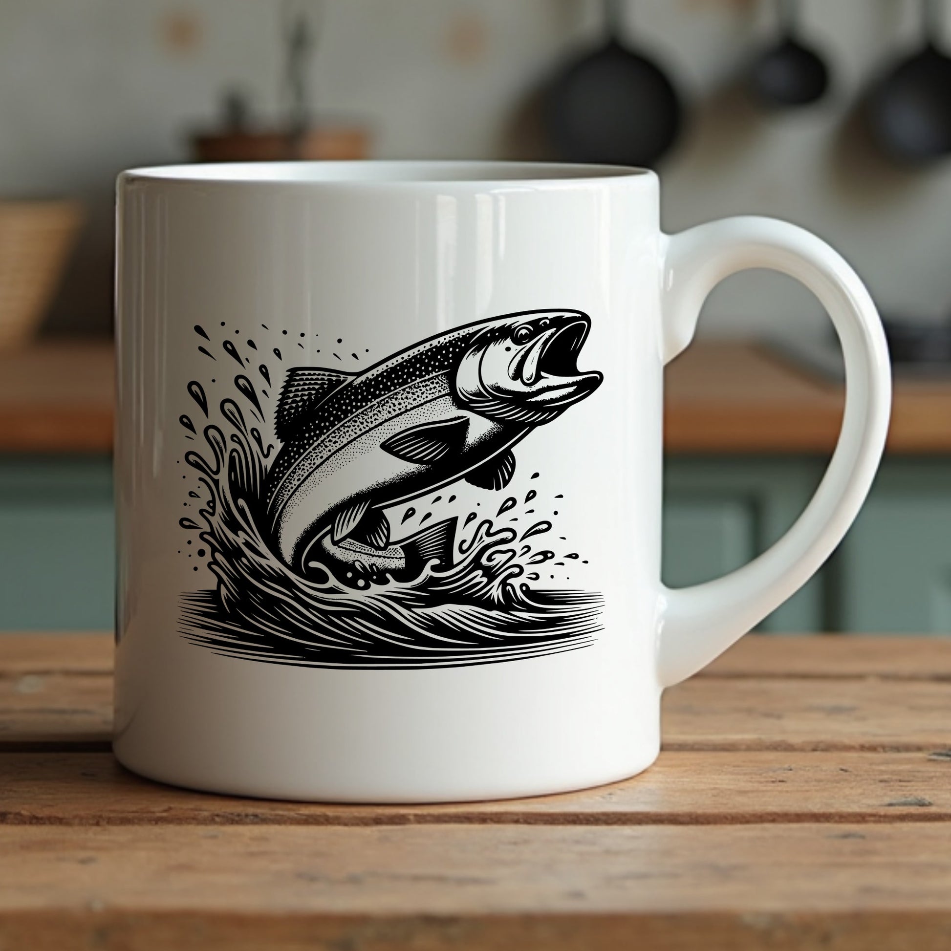White mug with trout fish silhouette design on a wooden surface