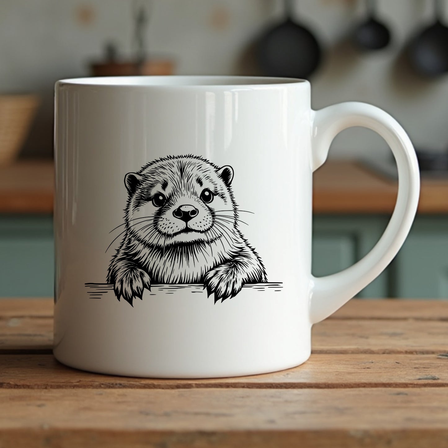 White mug with an otter illustration on a wooden surface