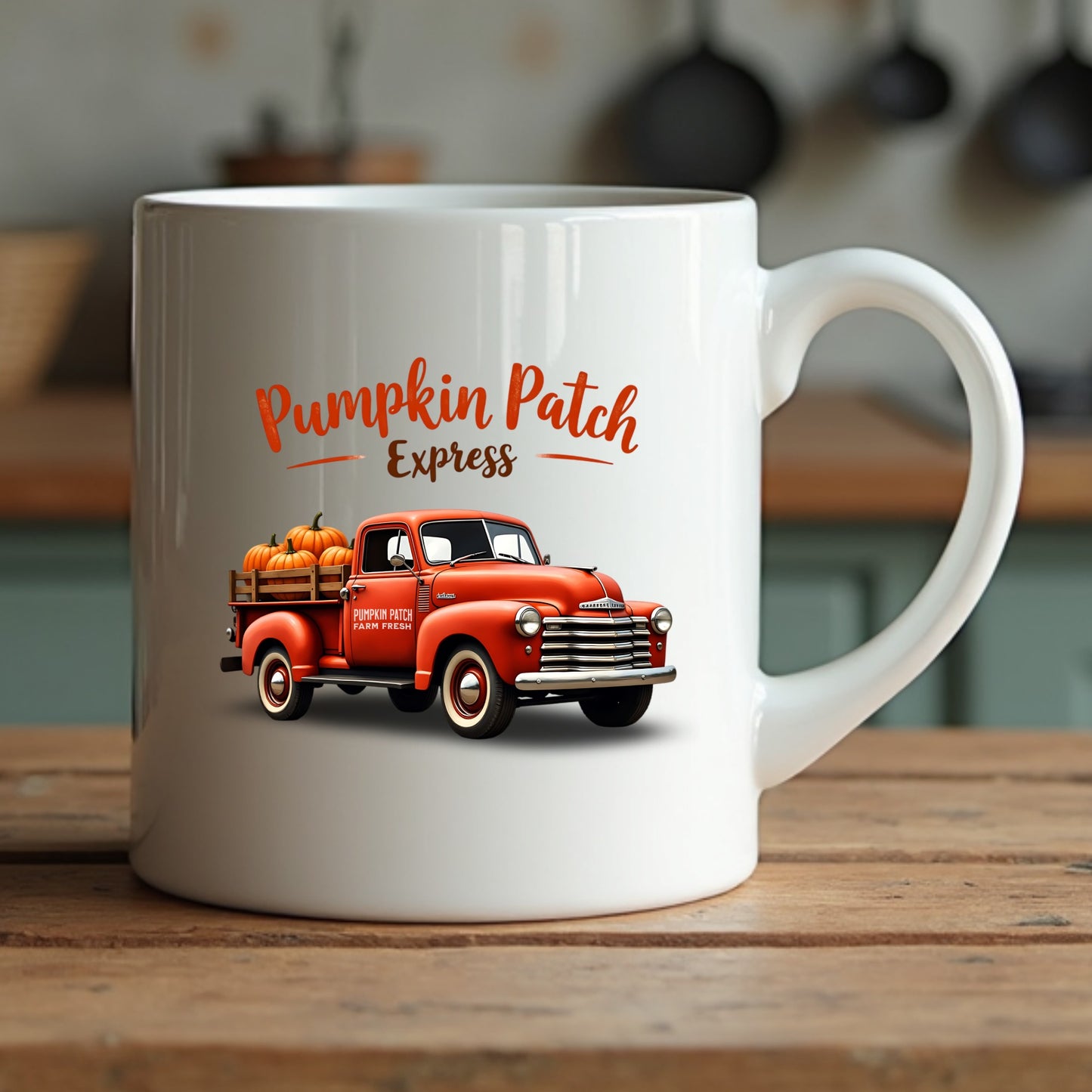 A coffee cup with the pumpkin patch express truck on it.