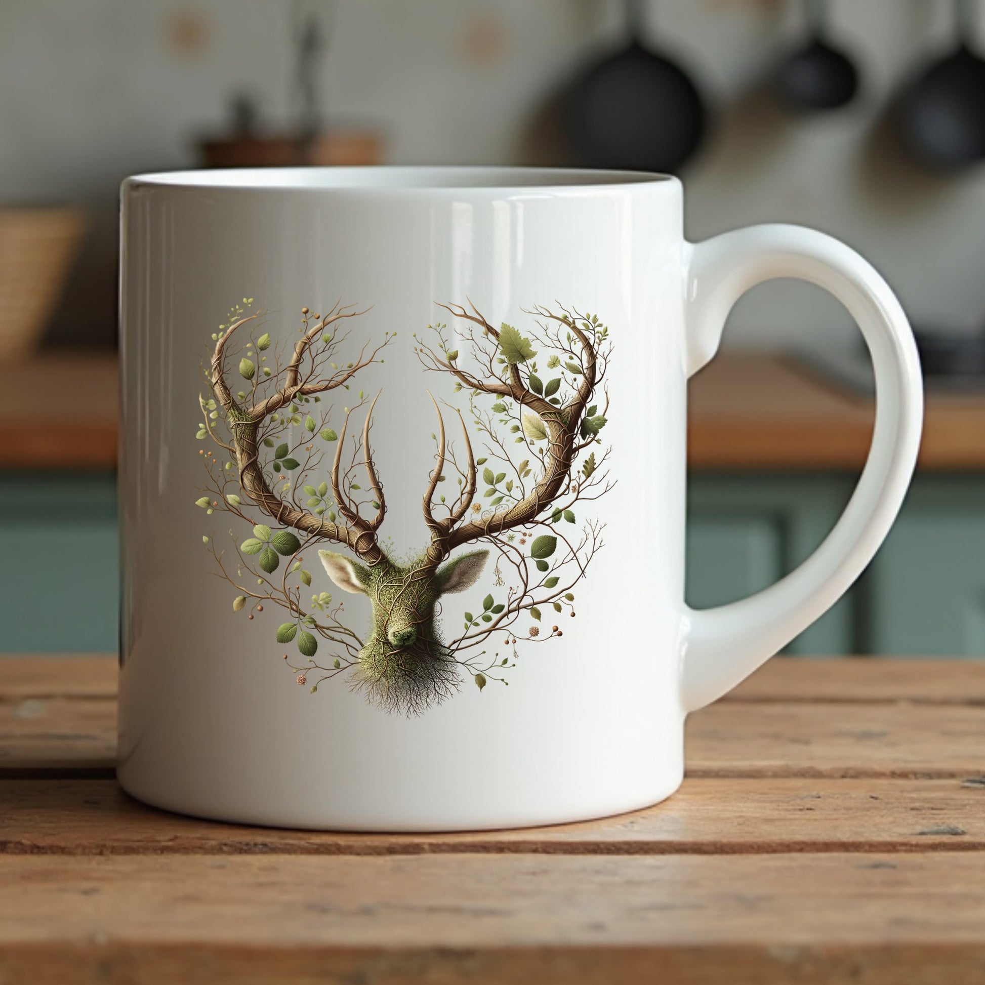 White mug with a deer head design on a wooden surface