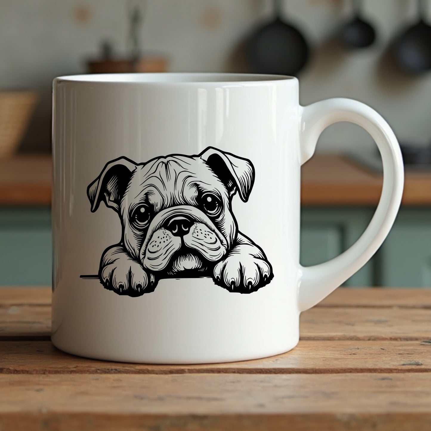 White mug with a black and white illustration of a bulldog sitting on a wooden surface.