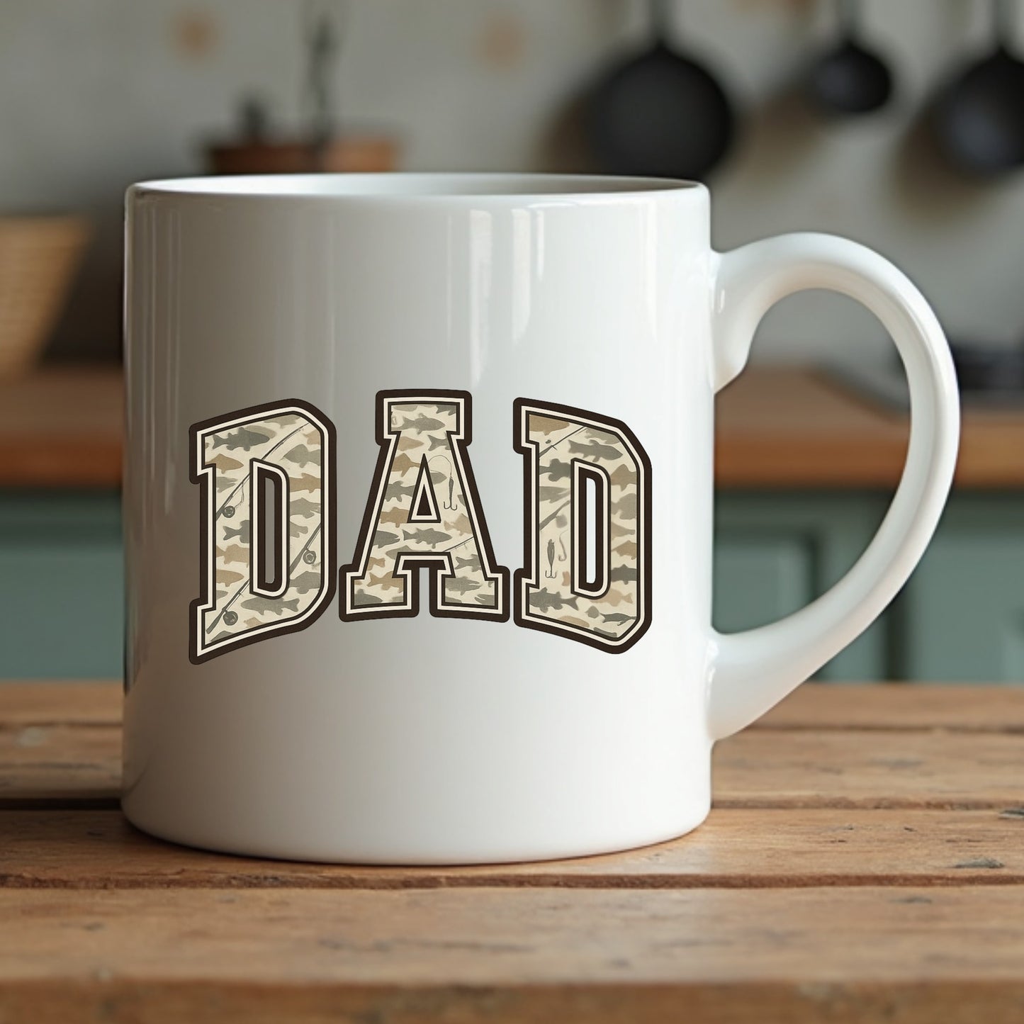 White mug with 'DAD' in camouflage letters on a wooden surface