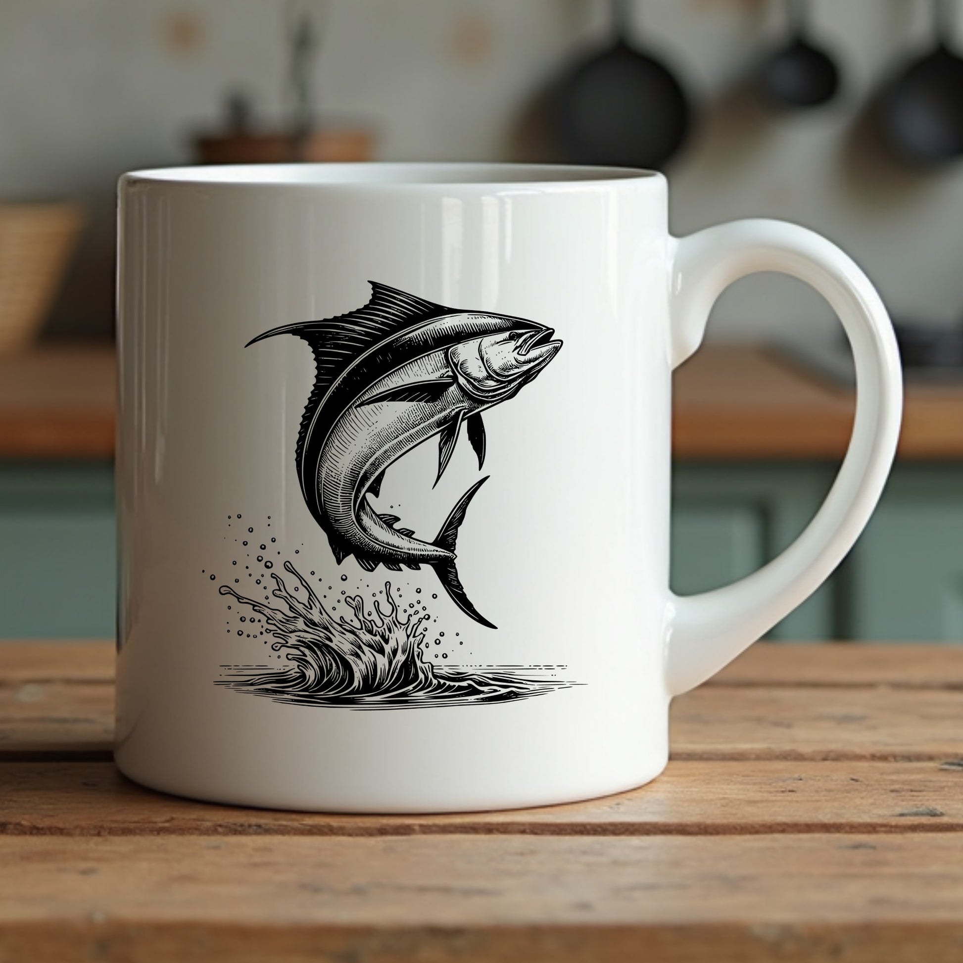 White mug with black mahi mahi fish illustration on a wooden surface