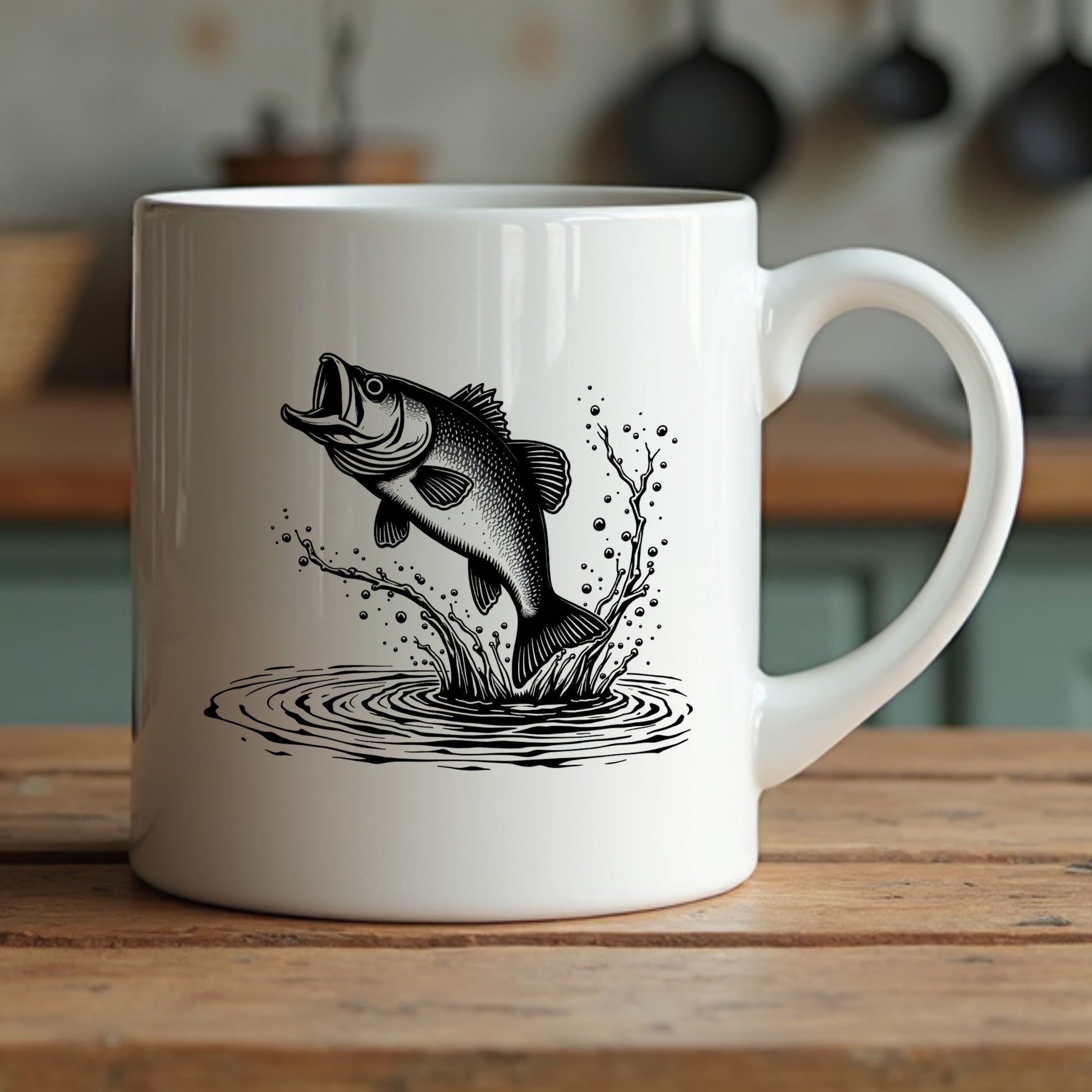 White mug with black largemouth bass fish illustration on a wooden surface