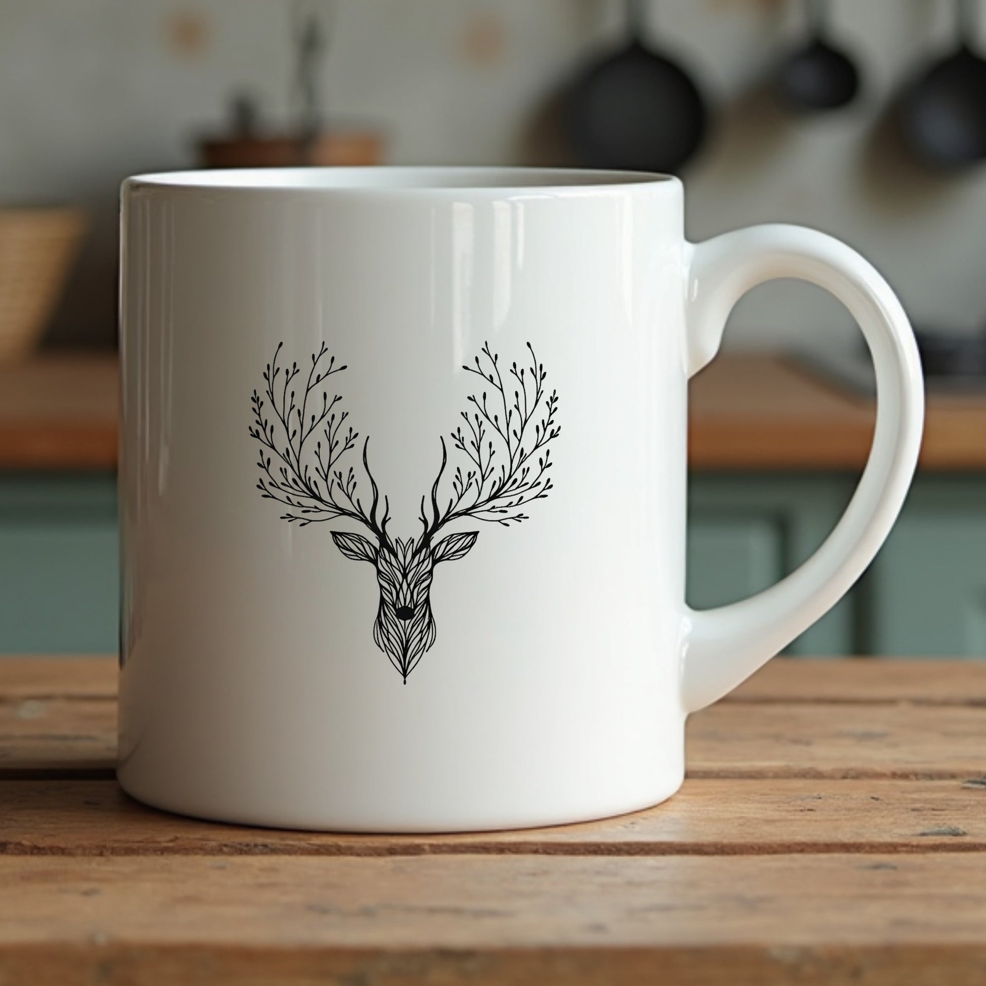 A white coffee mug on a kitchen table.