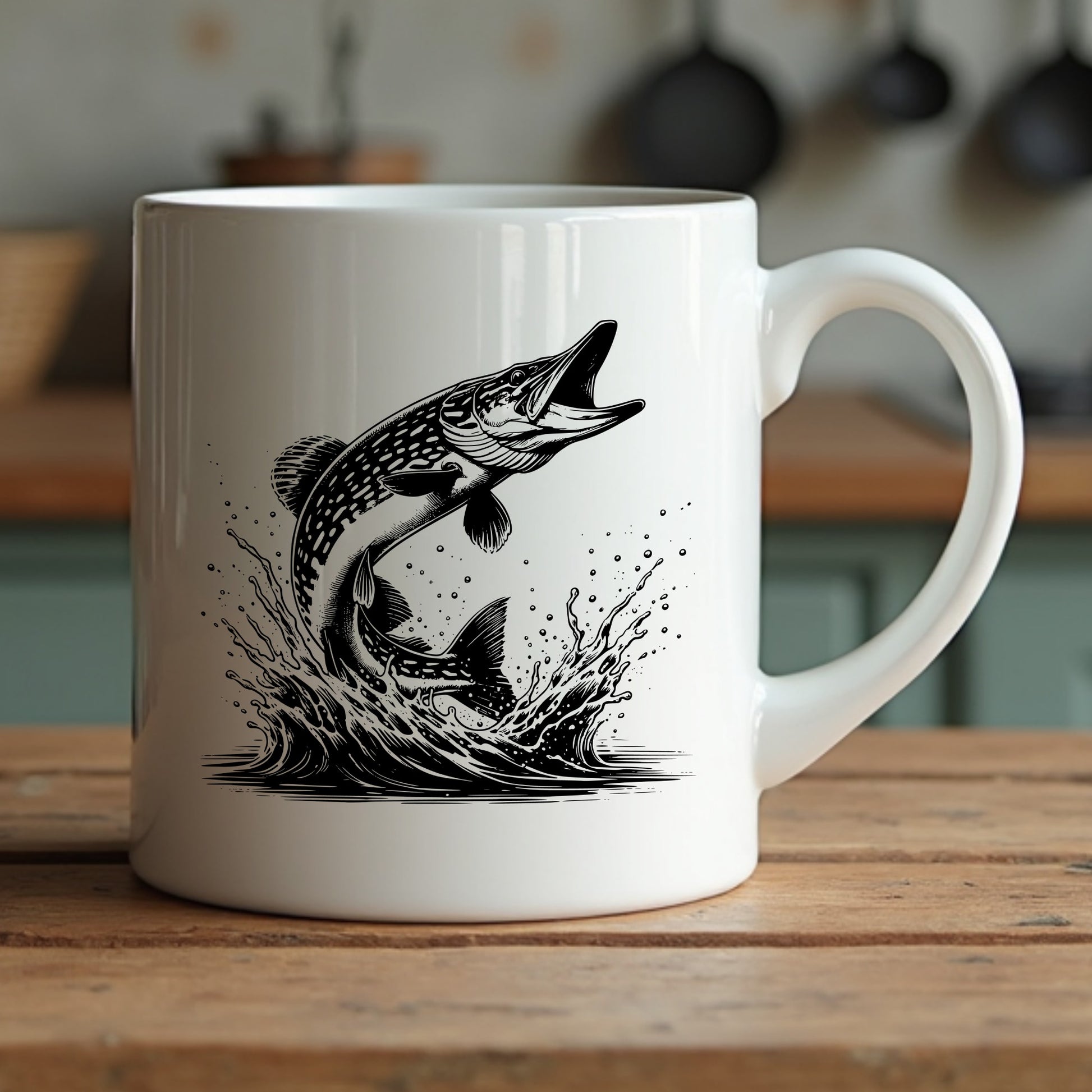 White mug with northern pike fish illustration on a wooden surface