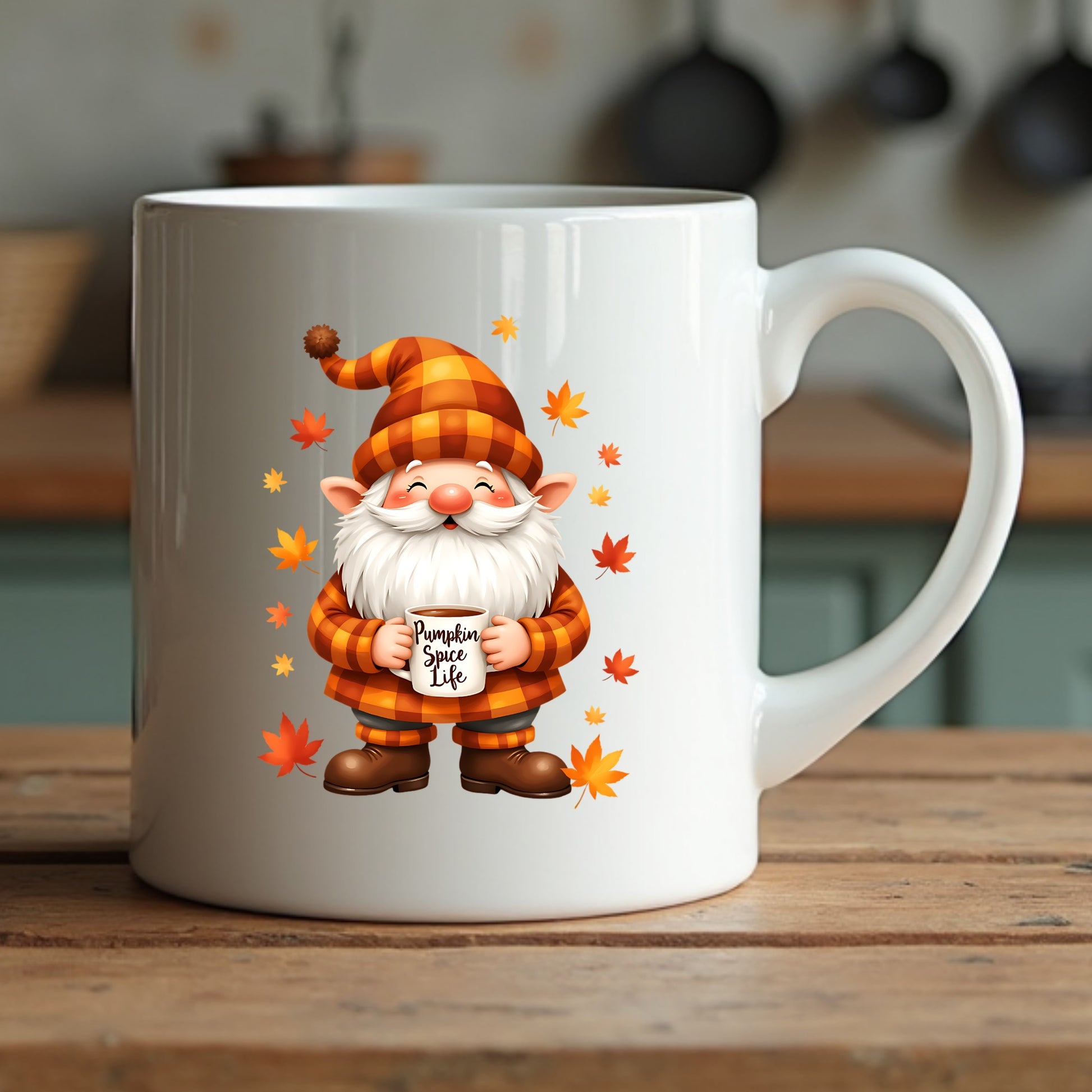 White mug with a cartoon gnome holding a pumpkin spice life sign sitting on a wooden surface.