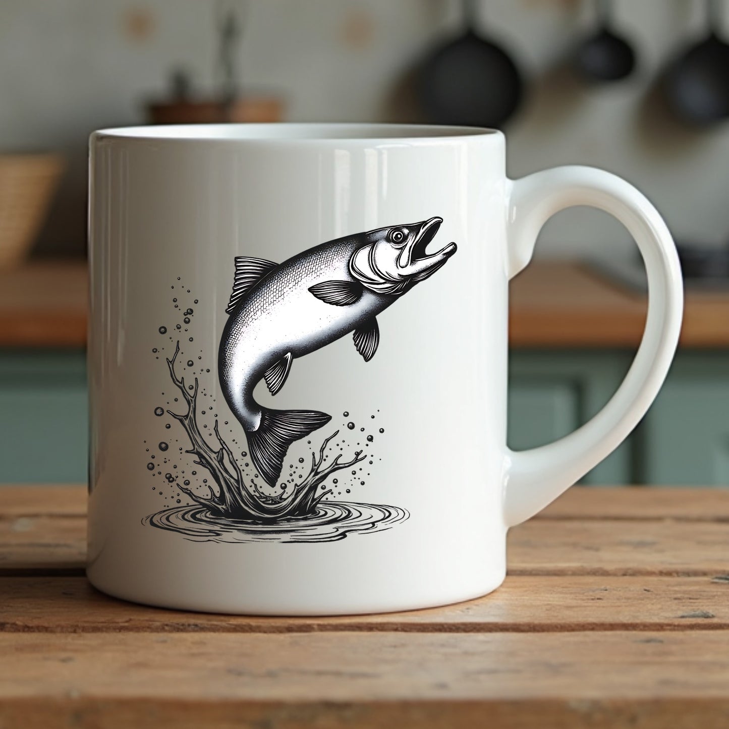 White mug with a black and white salmon silhouette illustration on a wooden surface