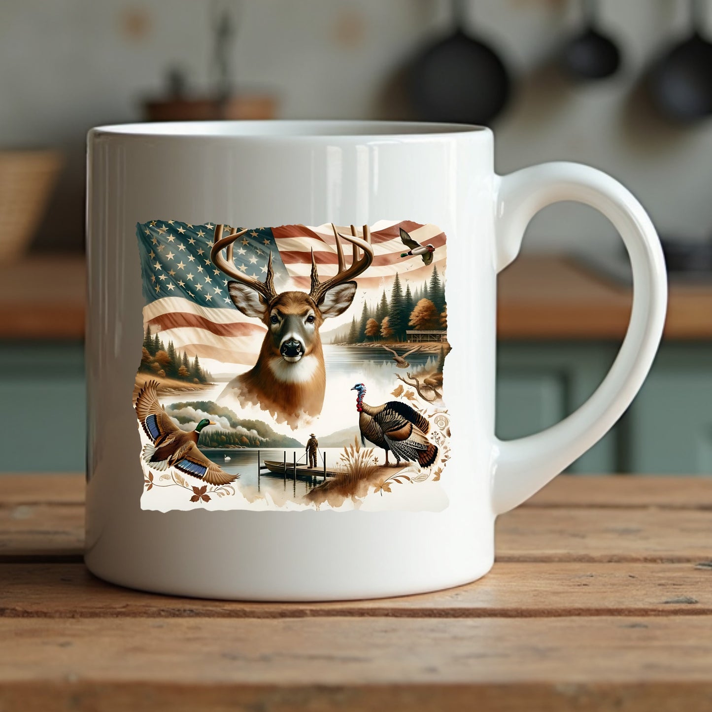 White mug with a nature-themed design featuring a deer, American flag, and wildlife on a wooden surface.