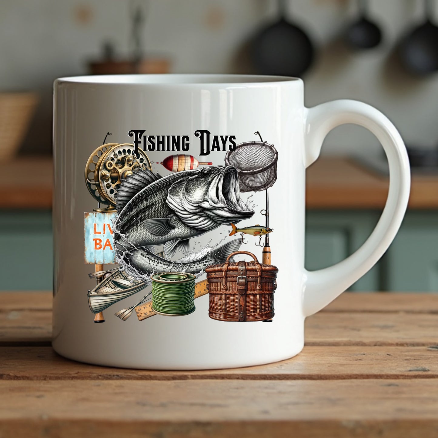 White mug with fishing-themed design sitting on a wooden table