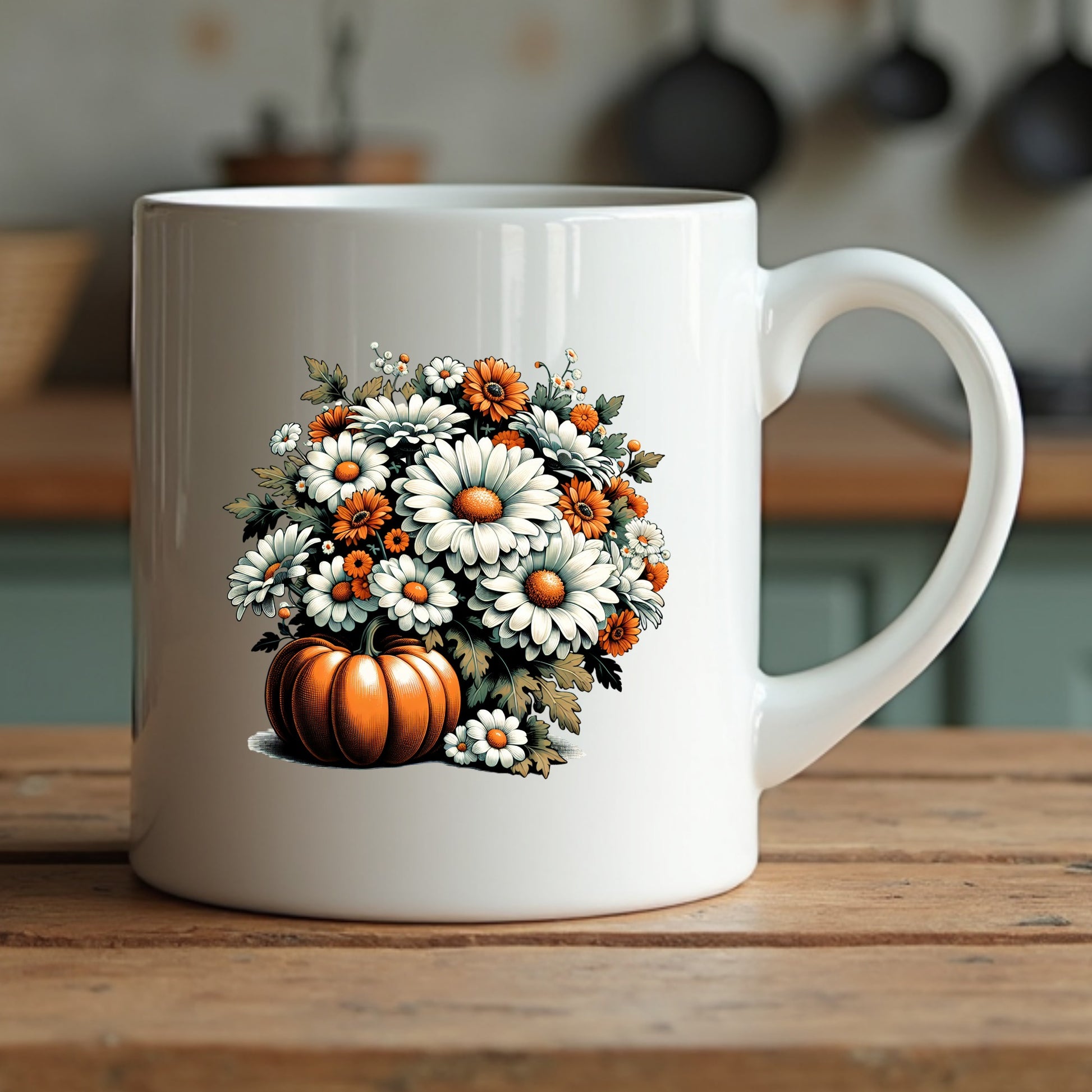White mug with a floral design featuring pumpkins on a wooden surface.