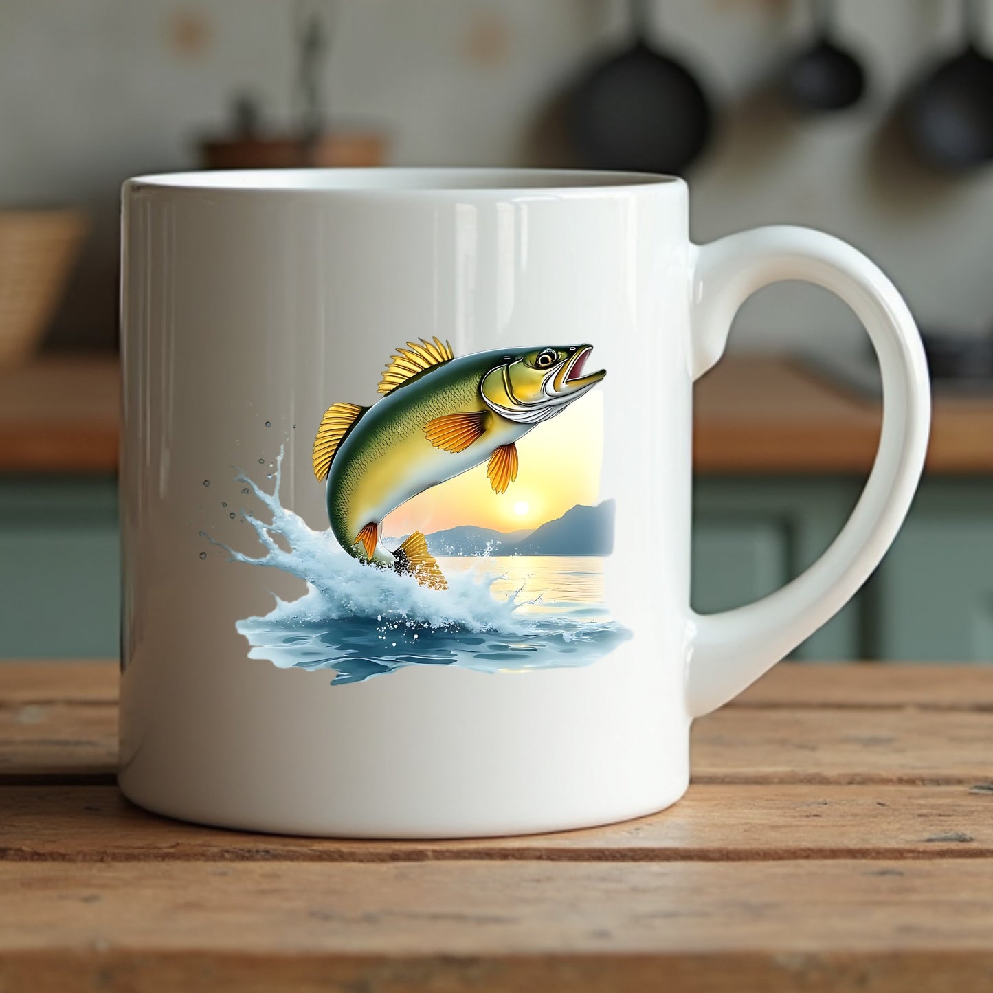 White mug with a walleye fish design on a wooden surface