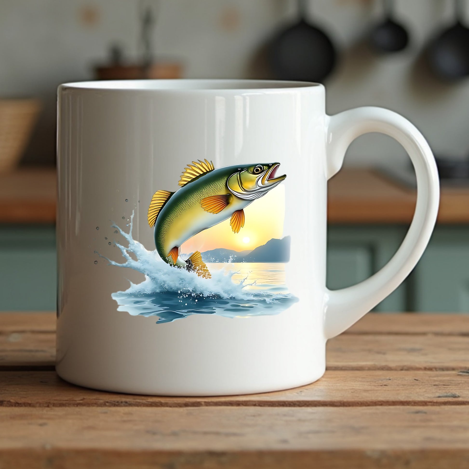 White mug with a walleye fish design on a wooden surface