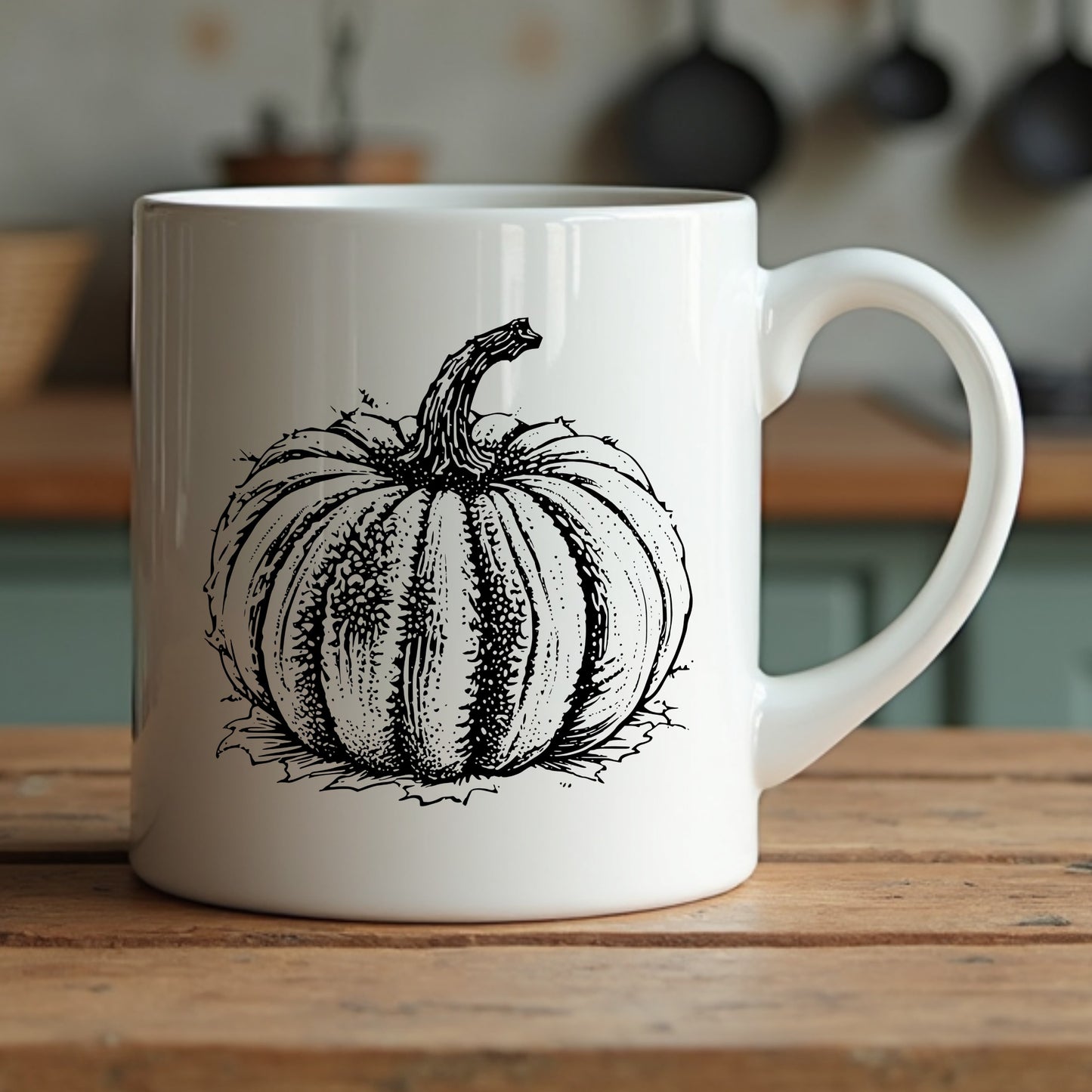 White mug with black pumpkin design on a wooden surface