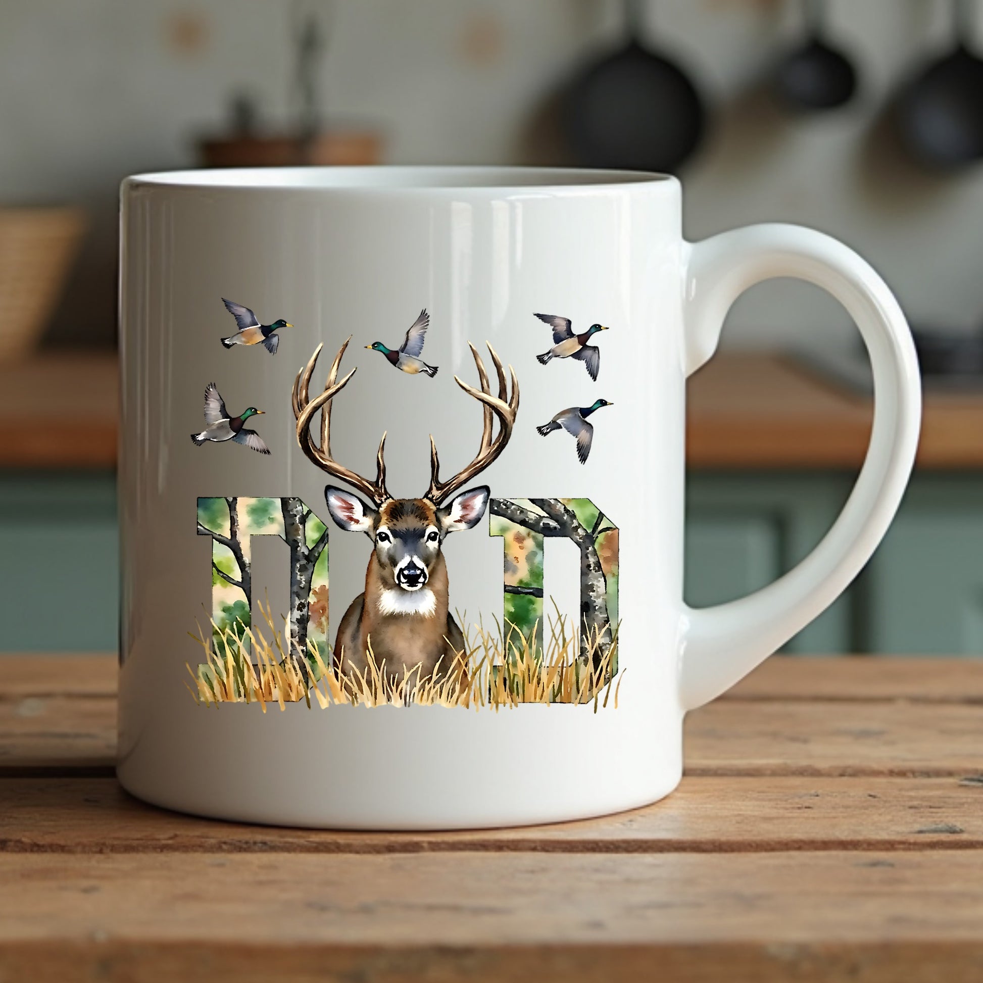 White mug with a deer and duck design on a wooden surface