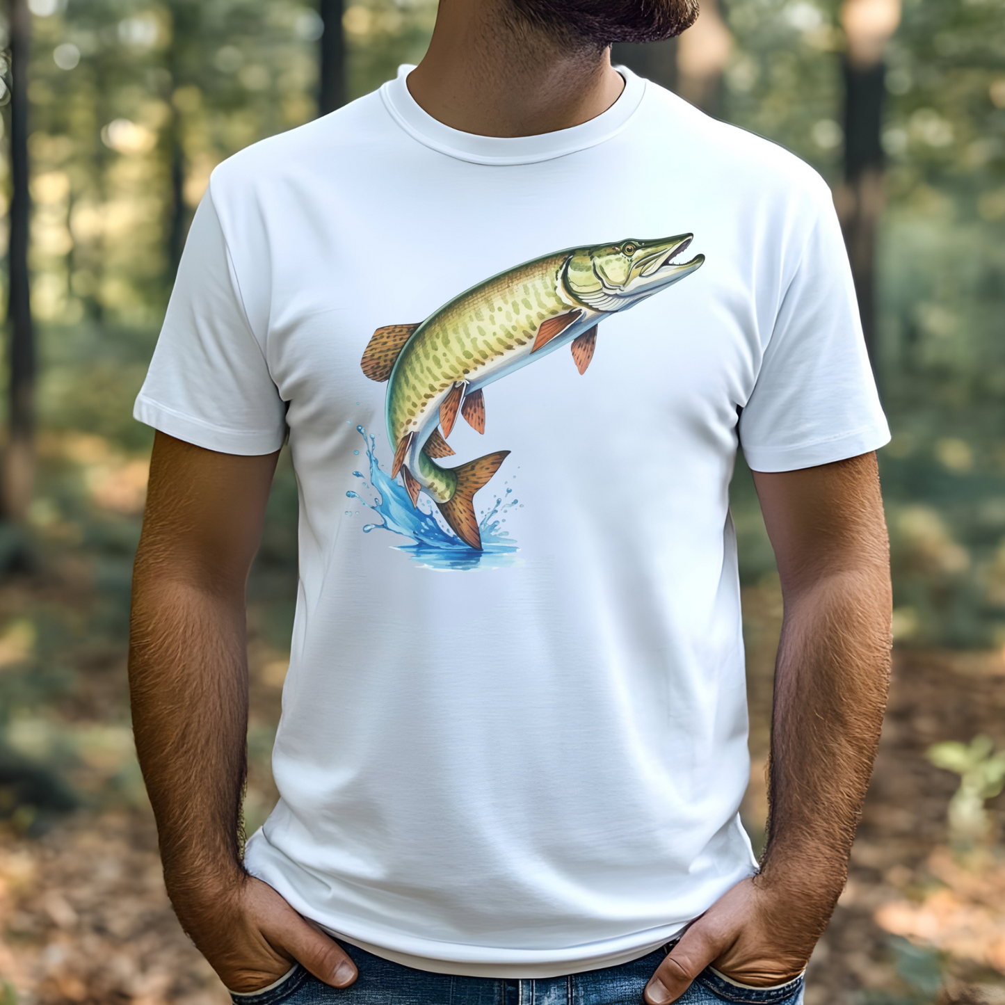 Muskie Fish PNG digital design on a man's white t-shirt