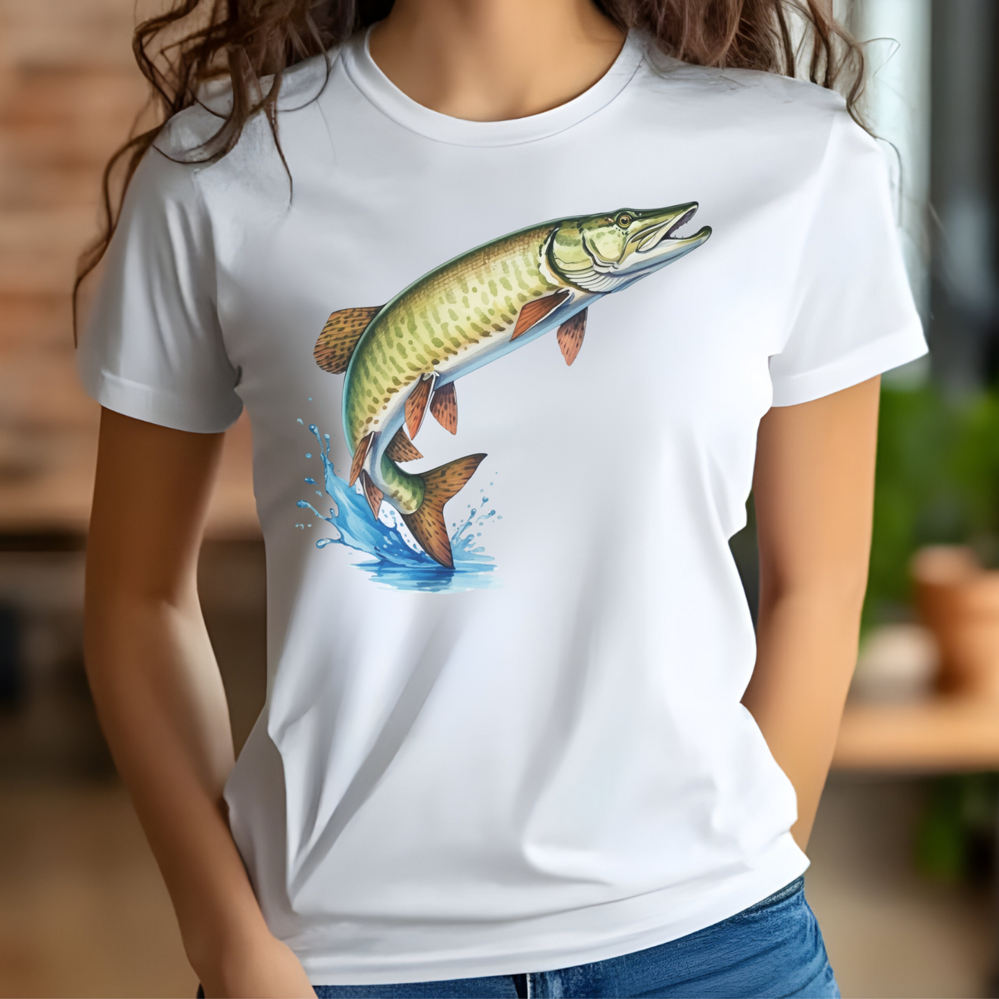 Muskie Fish PNG digital design on a woman's white t-shirt