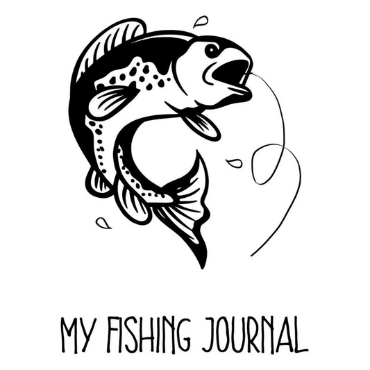 A black and white image of a fish with a hook in it's mouth and the text "My Fishing Journal" beneath it.