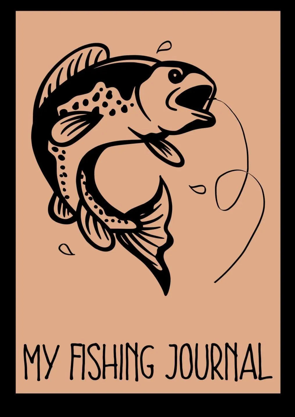 A mockup of a journal cover with a fish with a hook in it's mouth and the text "My Fishing Journal" beneath it.