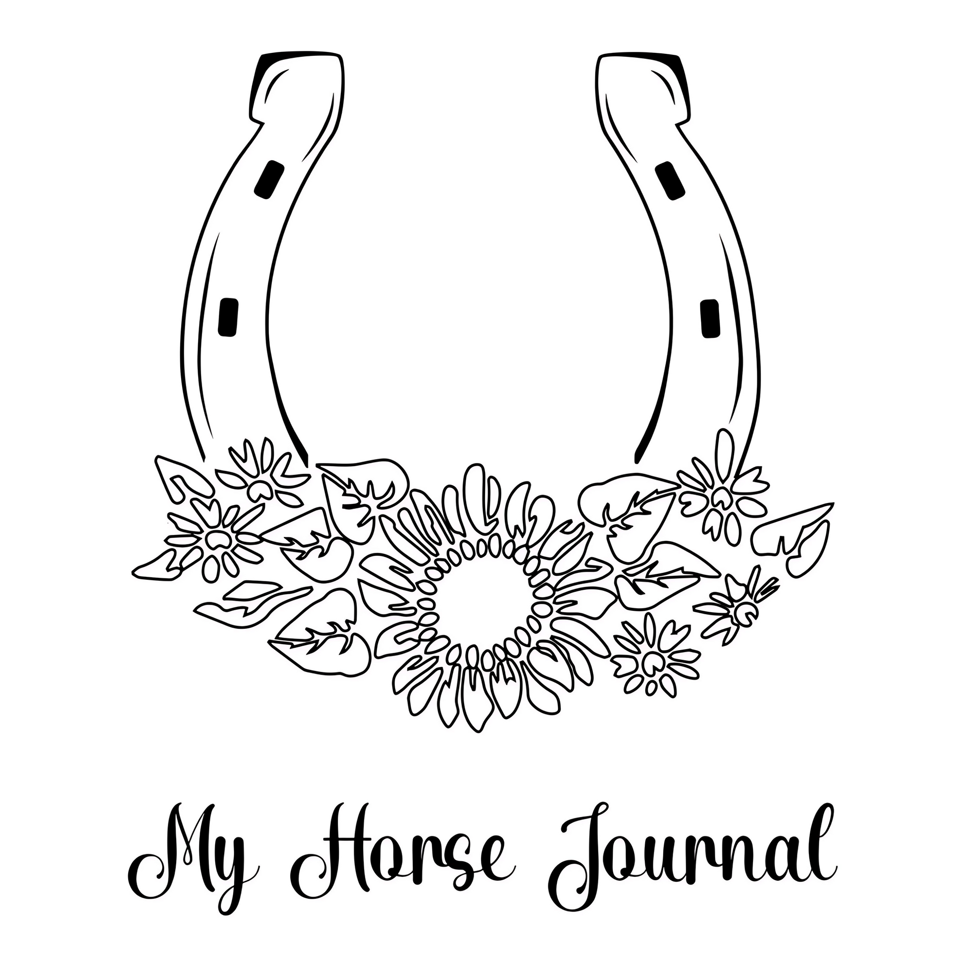 Black and white illustration of a horseshoe with floral design and 'My Horse Journal' text on a white background