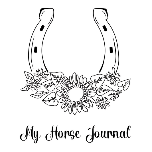 Black and white illustration of a horseshoe with floral design and 'My Horse Journal' text on a white background