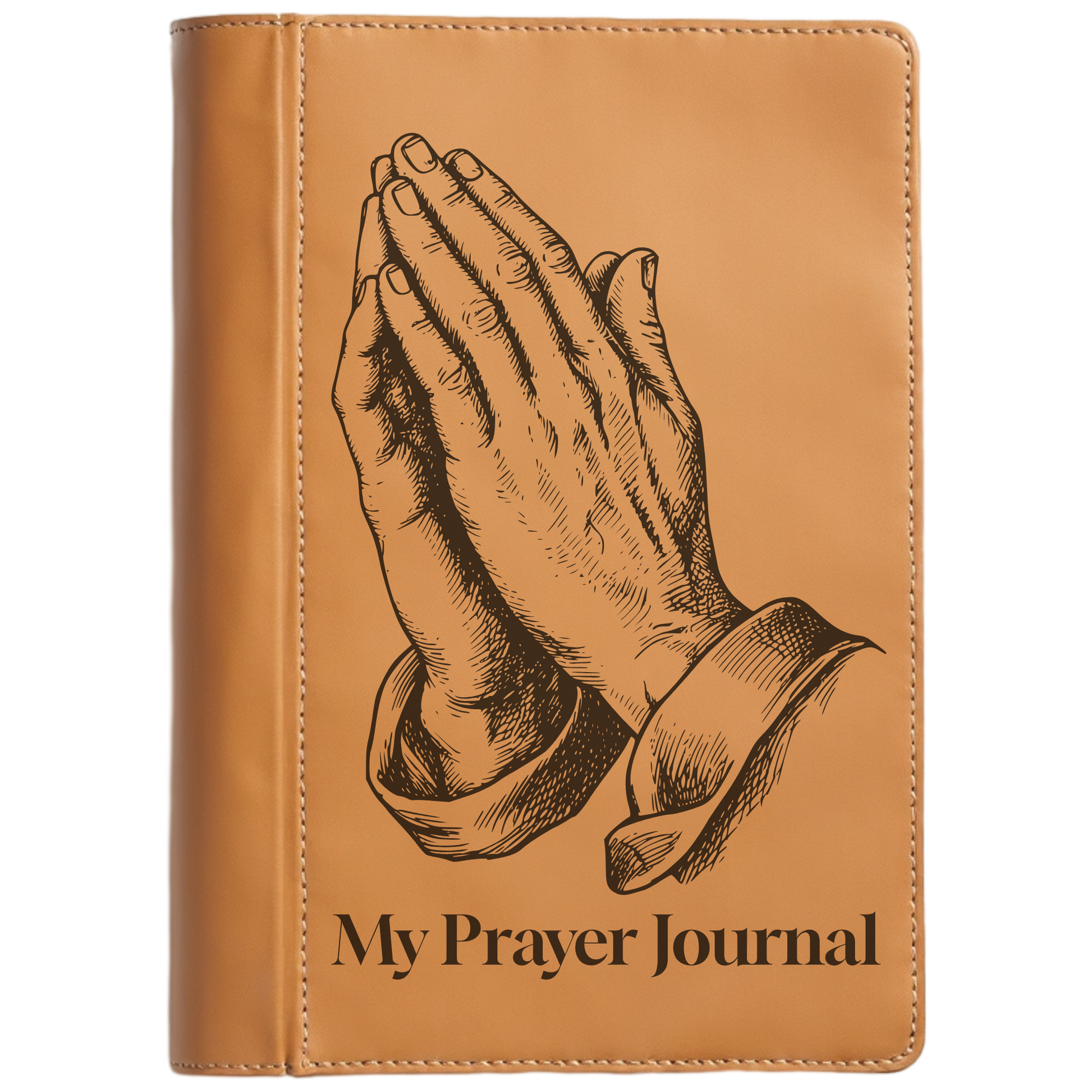 Brown leather journal with praying hands illustration and 'My Prayer Journal' text on a white background