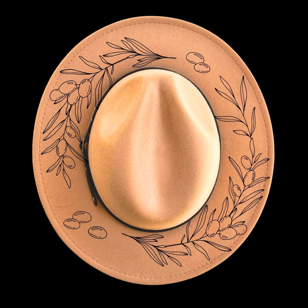Olive Branches burned hat burning design on a narrow brim hat