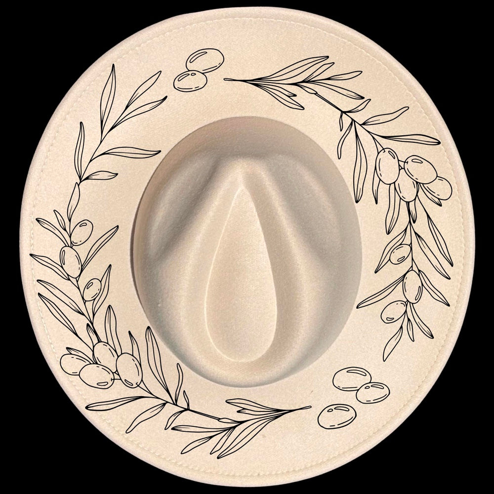 Olive Branches burned hat burning design on a wide brim hat