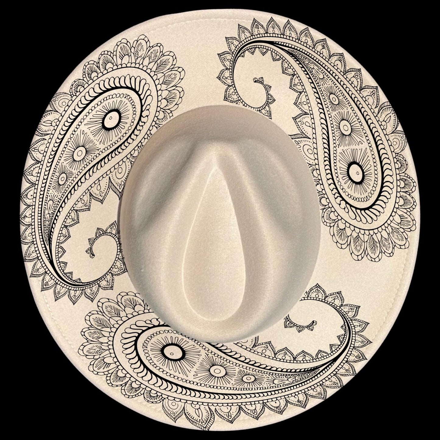 Paisley burned hat burning design on a wide brim hat