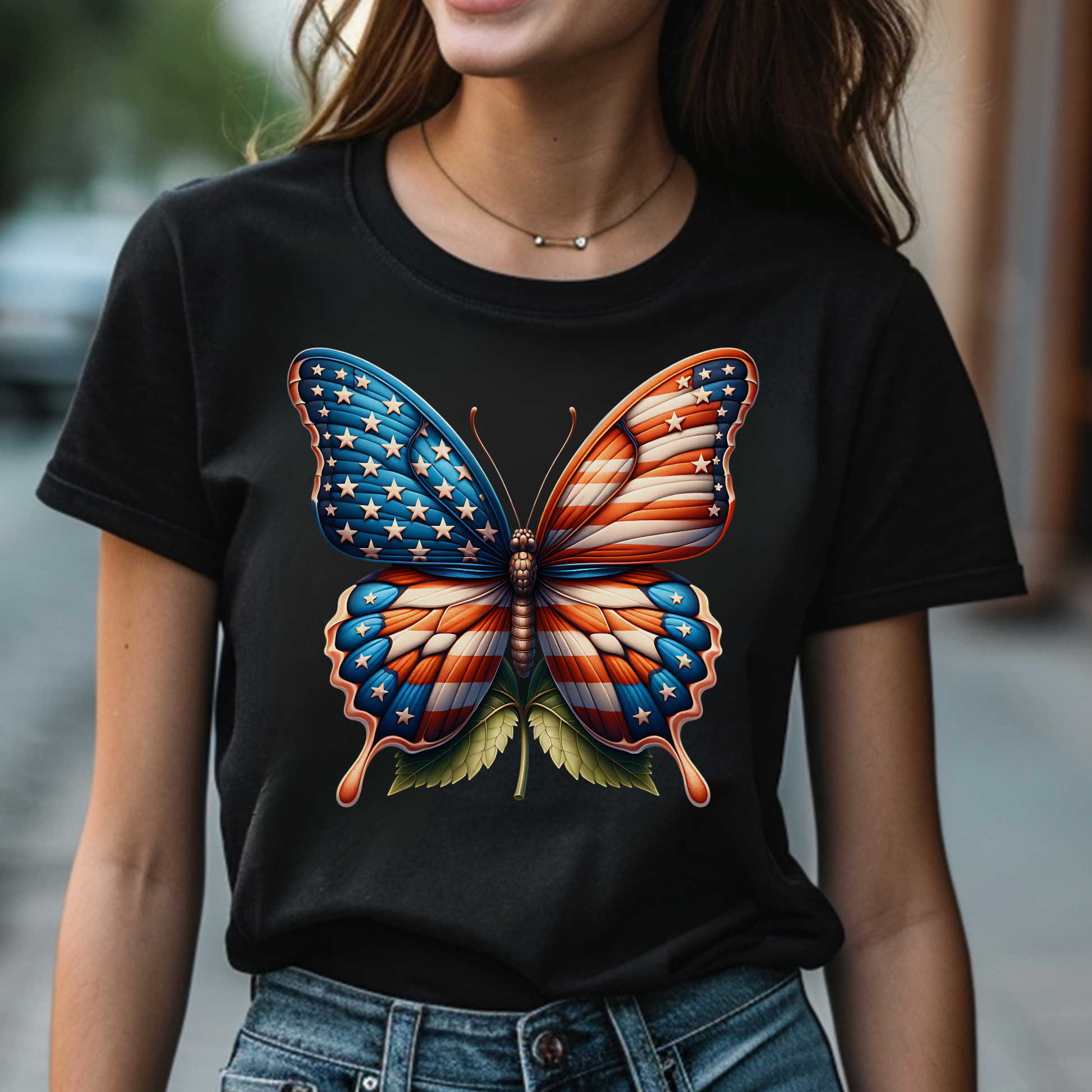 Patriotic Butterfly PNG Digital Design on a woman's black t-shirt