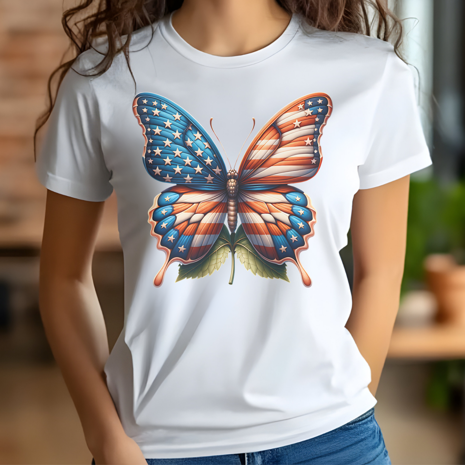 Patriotic Butterfly PNG Digital Design on a woman's white t-shirt