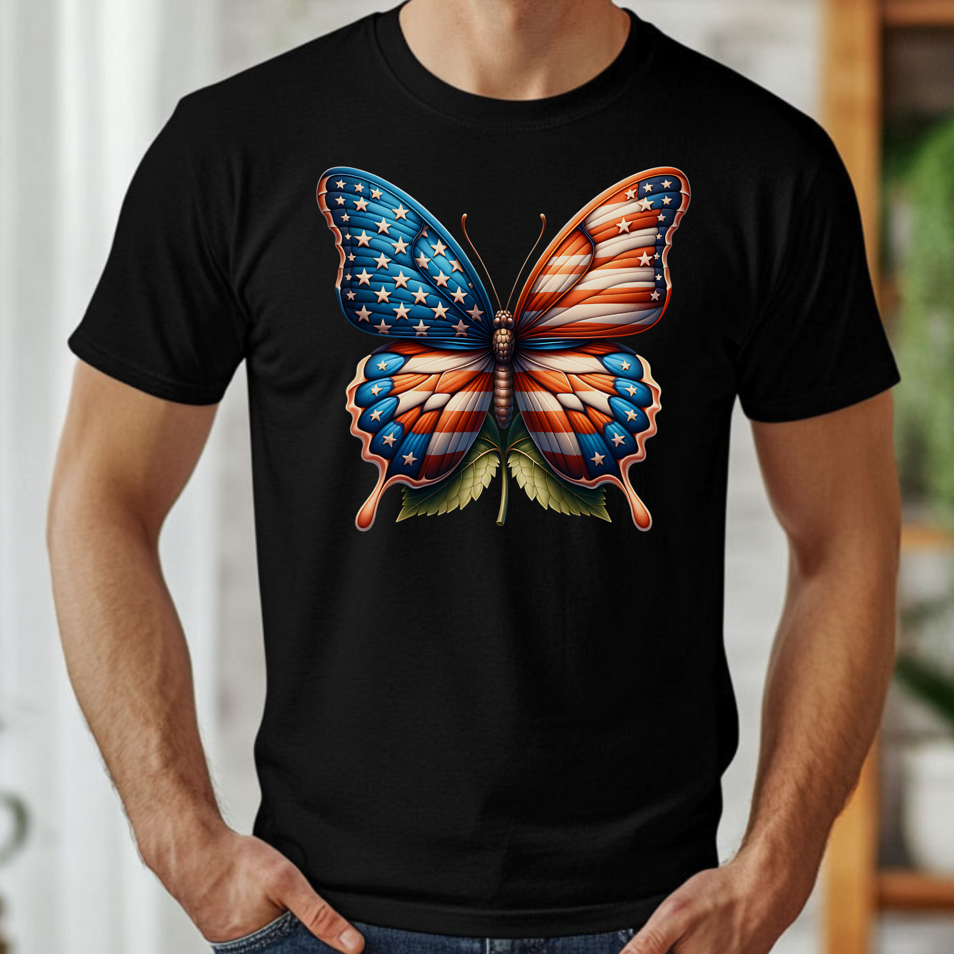 Patriotic Butterfly PNG Digital Design on a man's black t-shirt