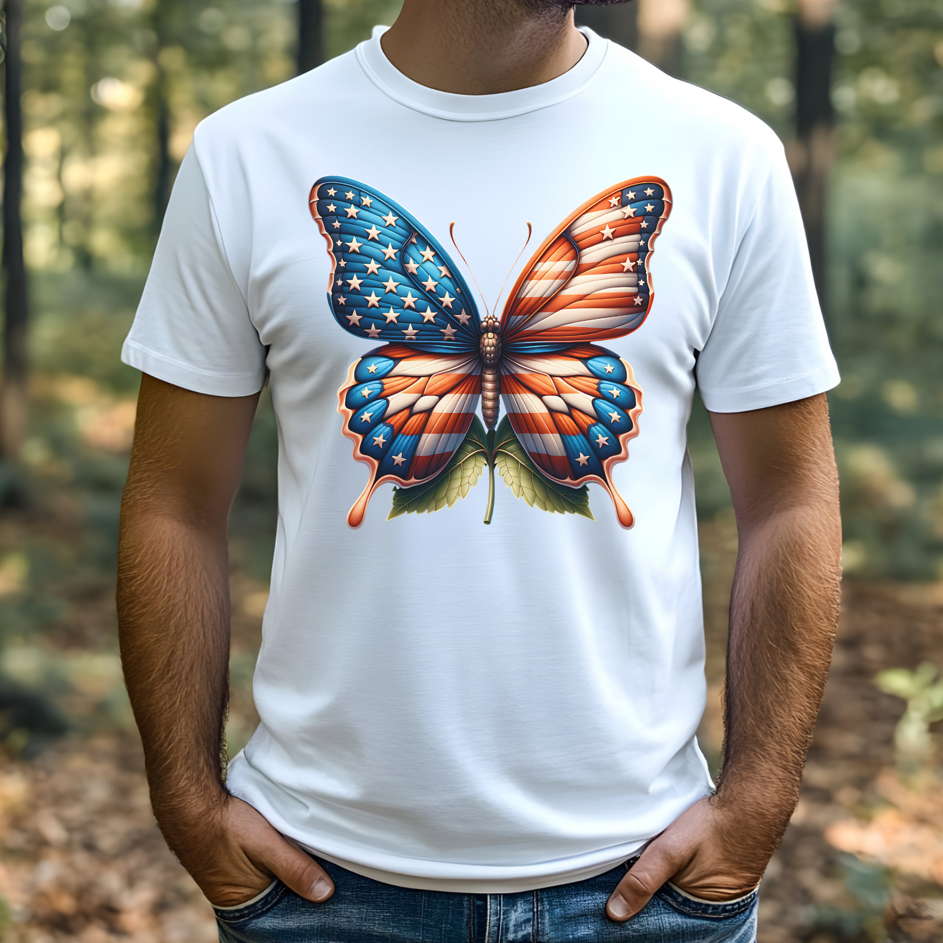 Patriotic Butterfly PNG Digital Design on a man's white t-shirt