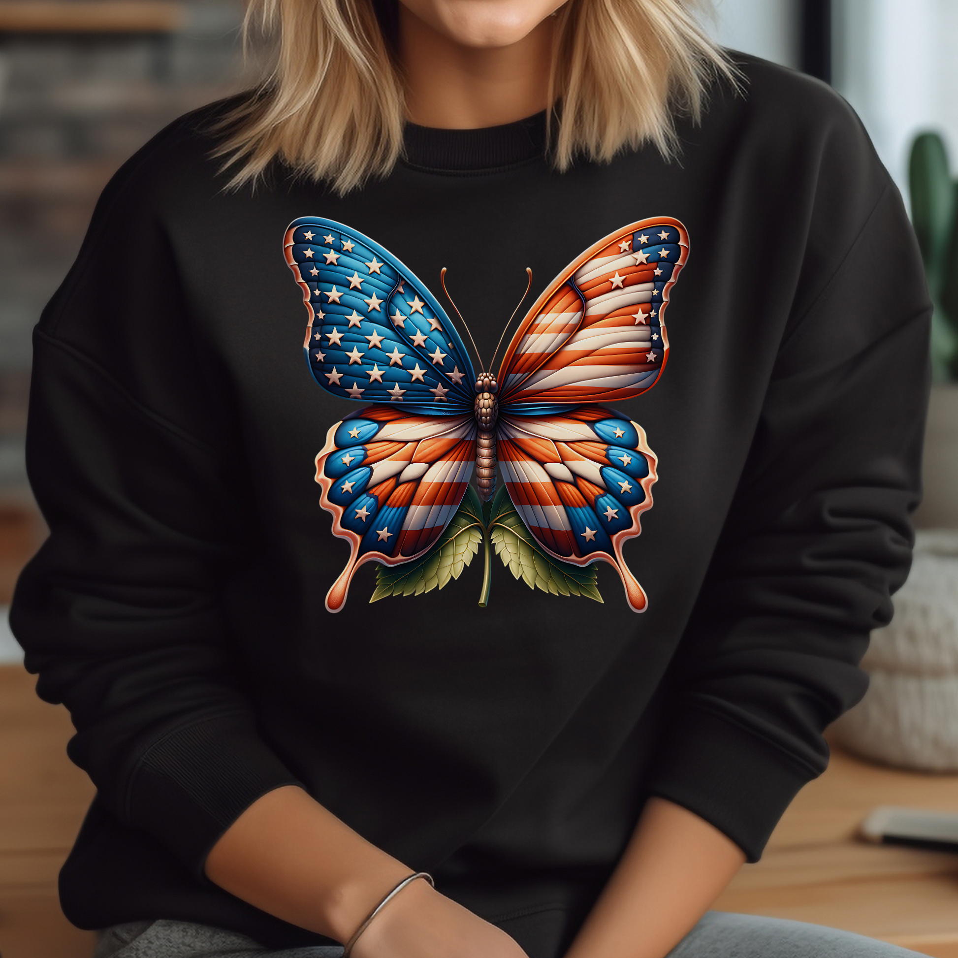 Patriotic Butterfly PNG Digital Design on a woman's black sweatshirt