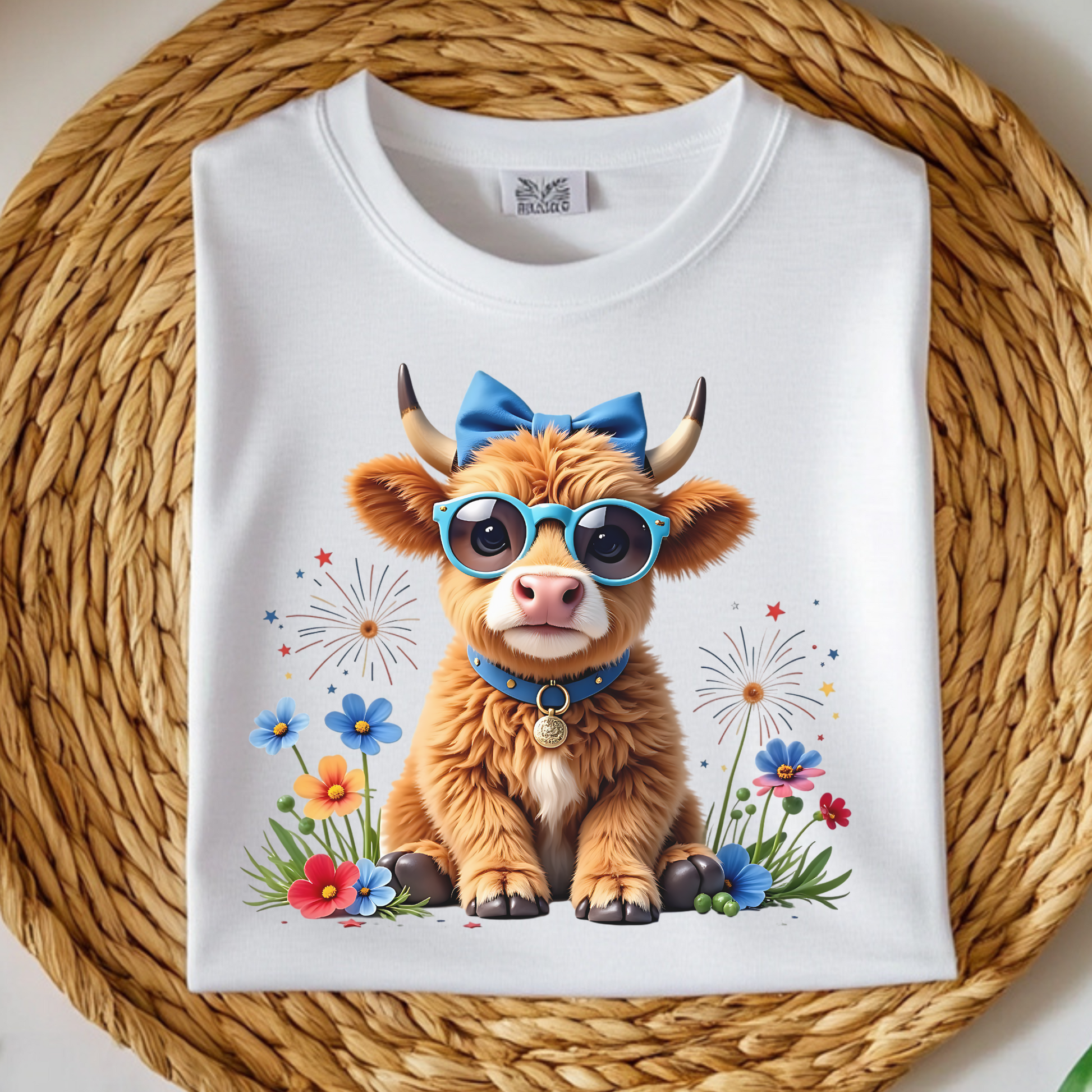 Highland Cow Patriotic 4th Of July digital design on a folded t-shirt