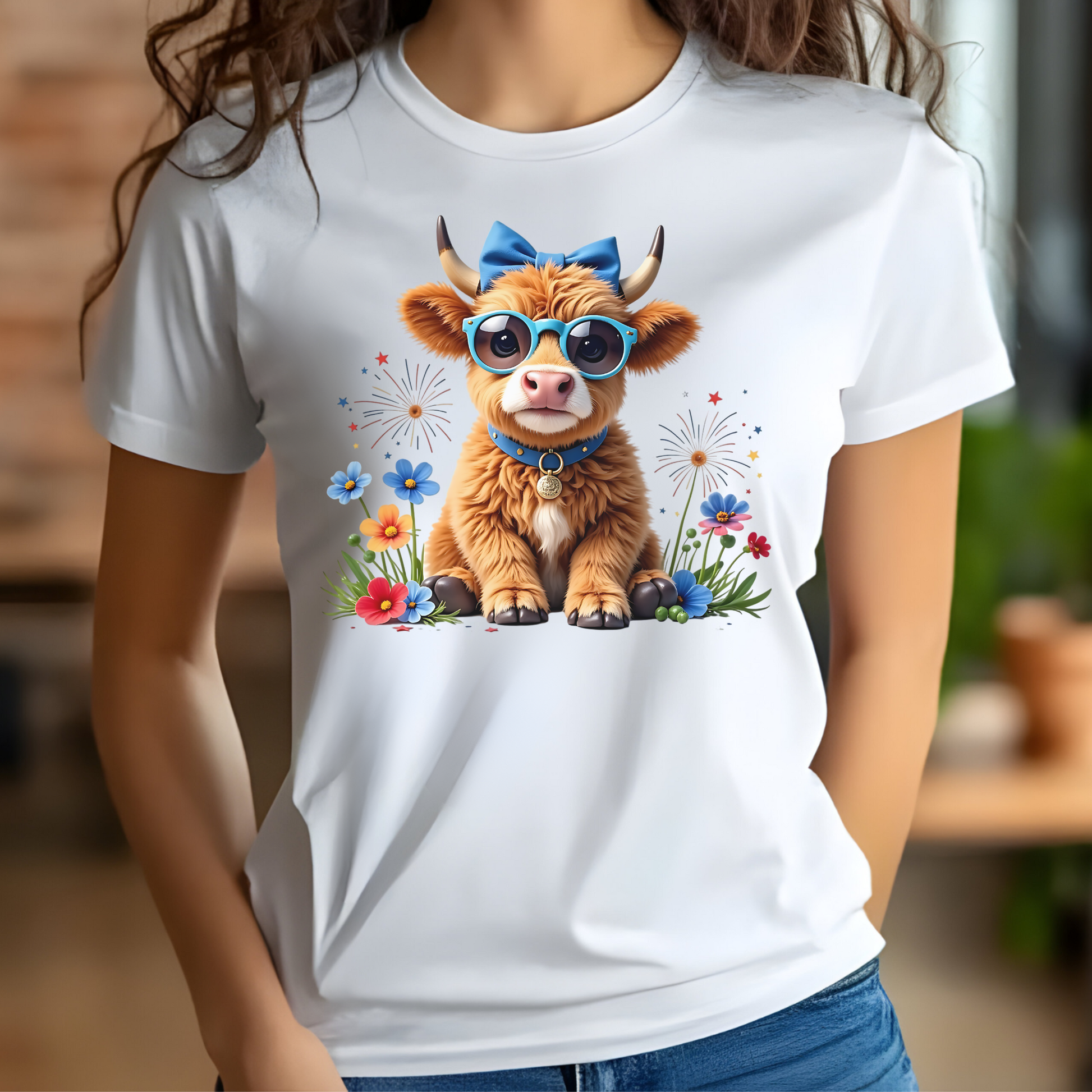 Highland Cow Patriotic 4th Of July digital design on a woman's t-shirt