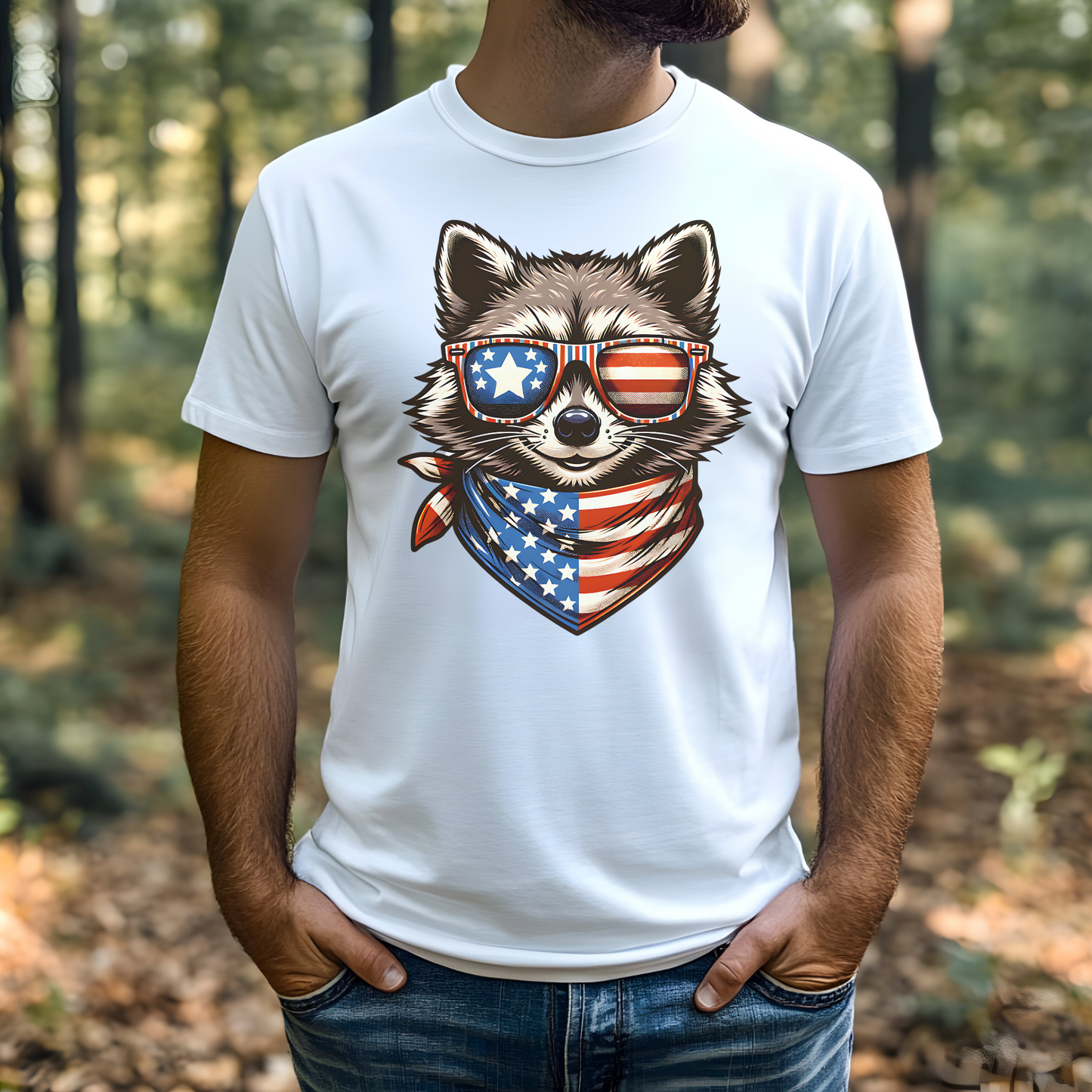 Raccoon Independence Day Celebration PNG Digital Design on a man's t-shirt