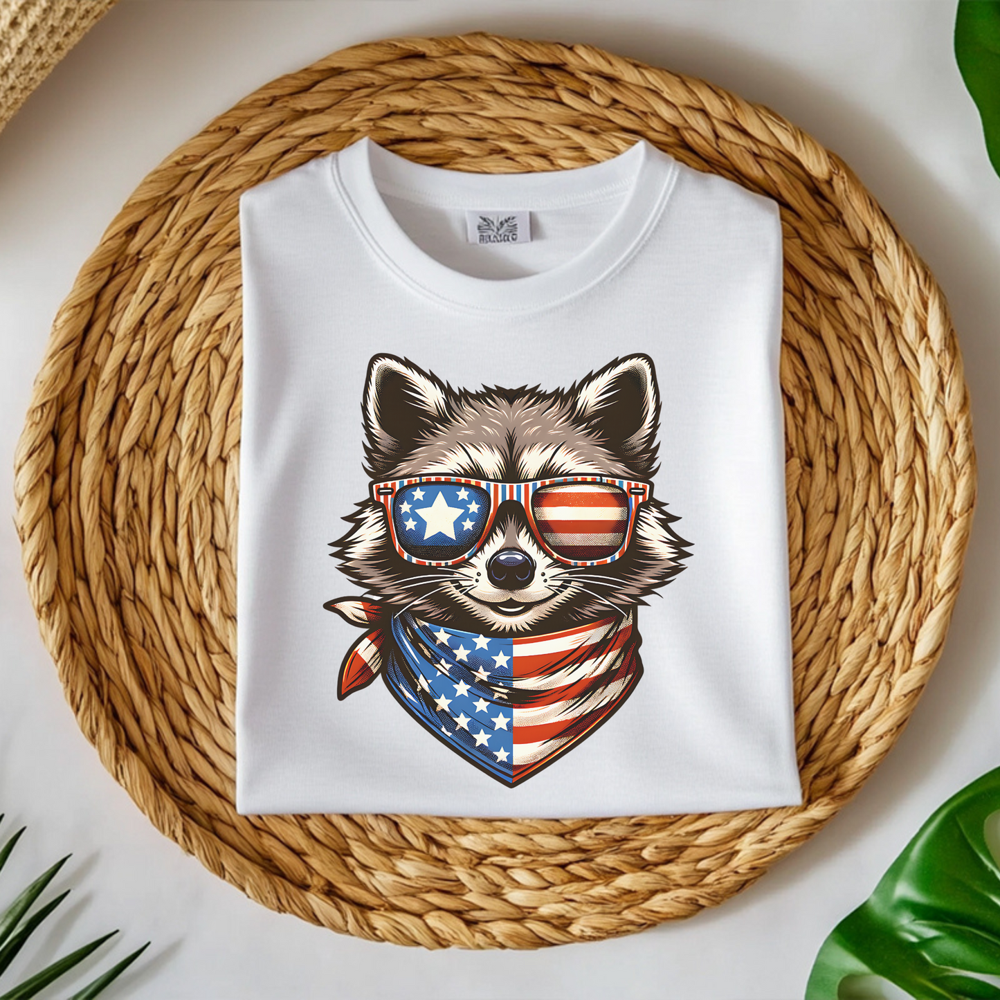 Raccoon Independence Day Celebration PNG Digital Design on a folded t-shirt