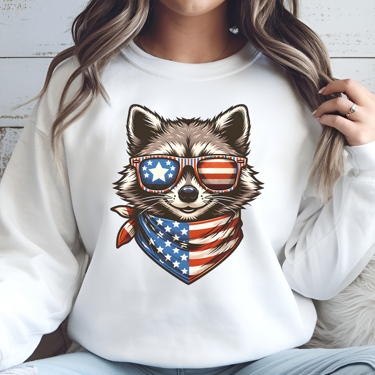 Raccoon Independence Day Celebration PNG Digital Design on a woman's white sweatshirt